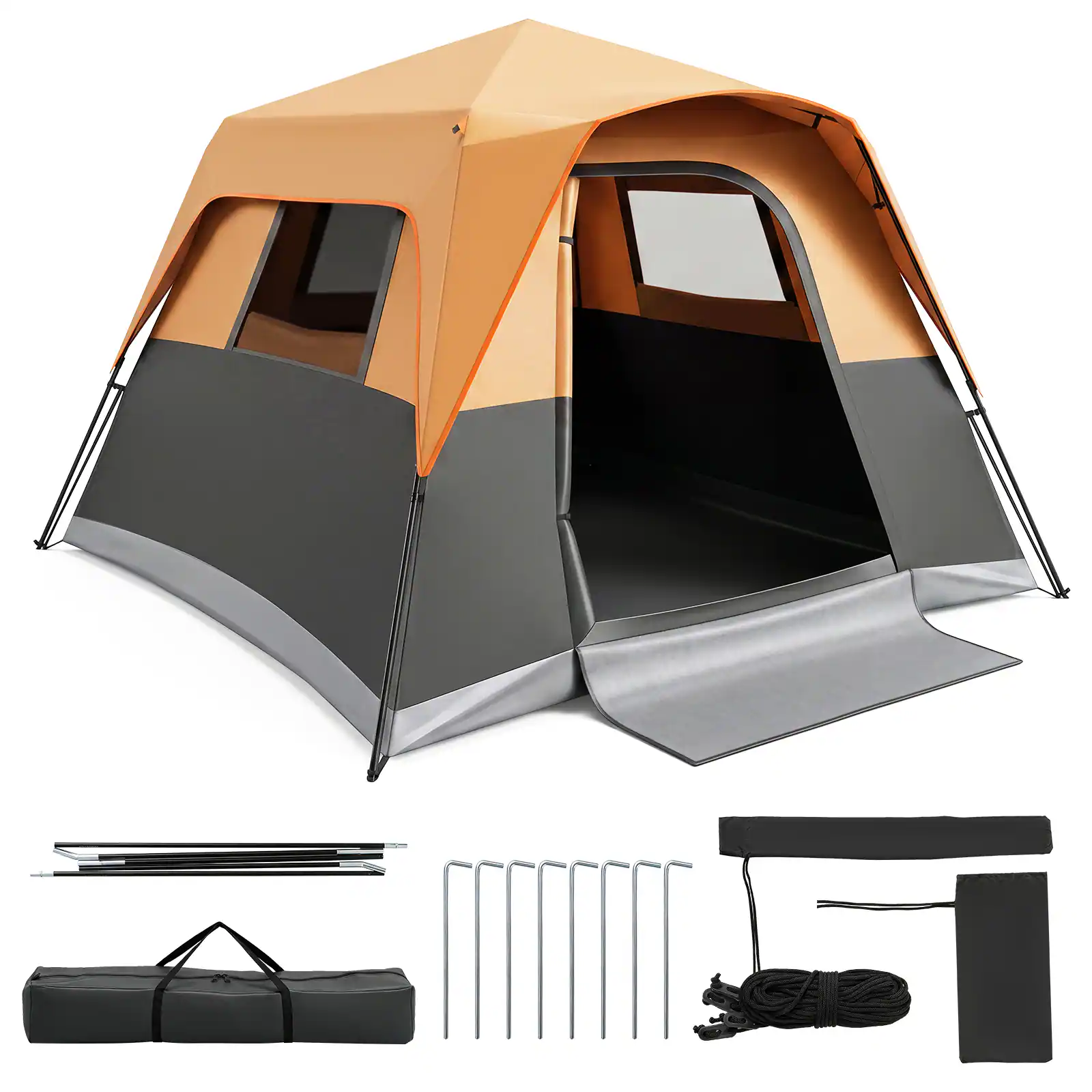 Costway - 6-Person Outdoor Camping Tent with Rainfly & Carrying Bag, 3000mm Water-Resistant - Orange