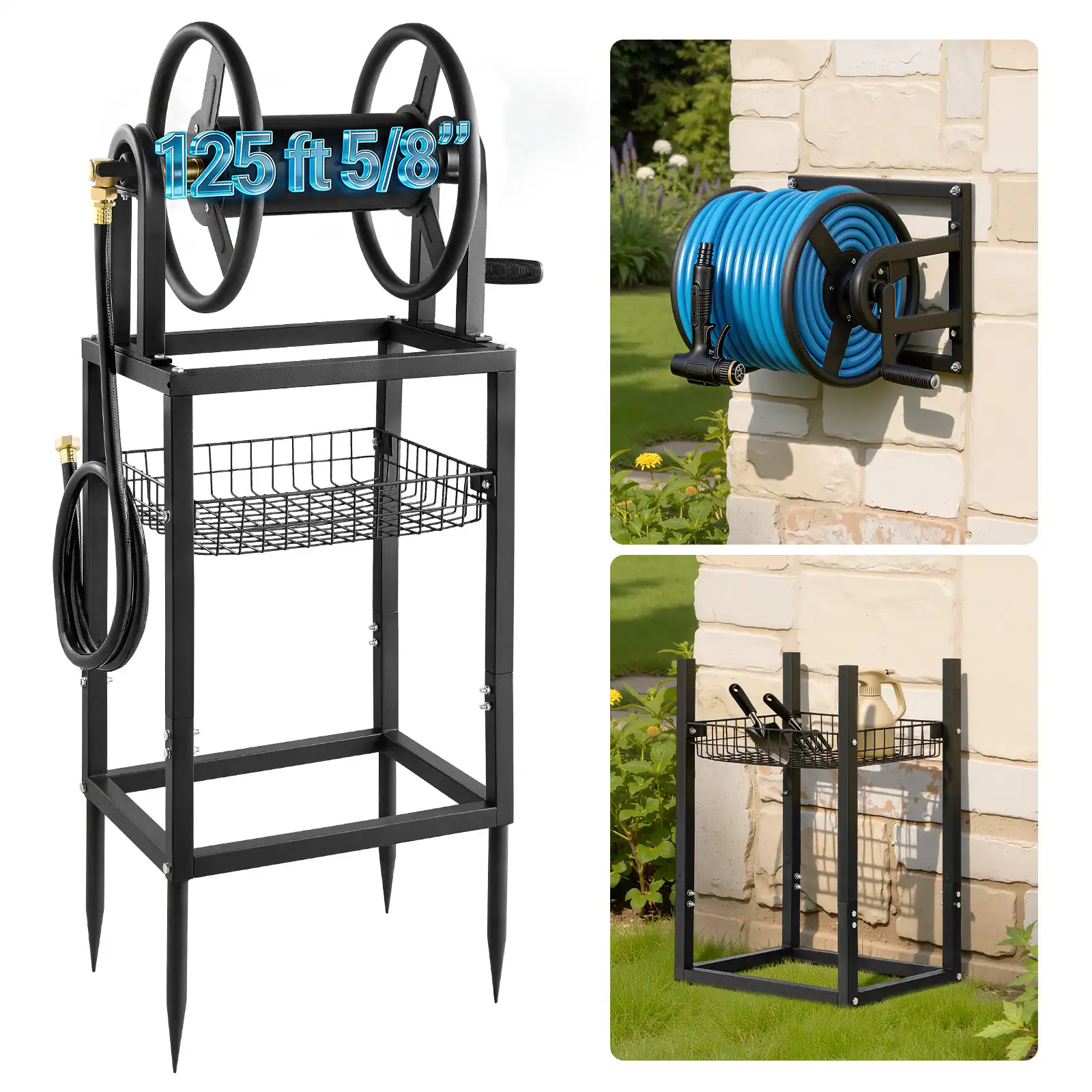 VEVOR - Freestanding Garden Hose Reel, Holds 125 Feet of 5/8-inch Hose, Wall Mount or Ground Mount, Detachable Holder Stand - Black