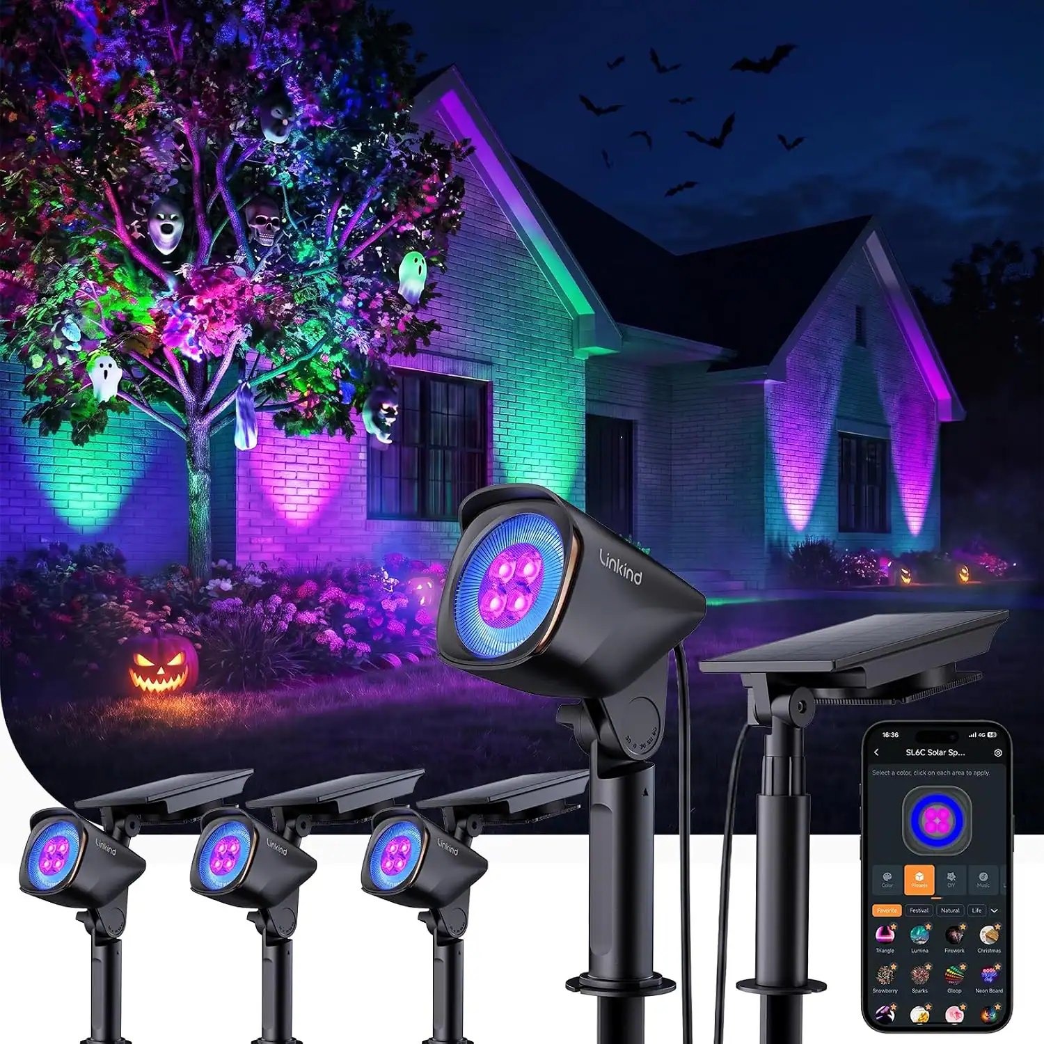 Linkind - Smart Solar Lights Outdoor, Dual-Ring Solar & USB Charging, IP66 Waterproof, Color Changing, 4 Pack