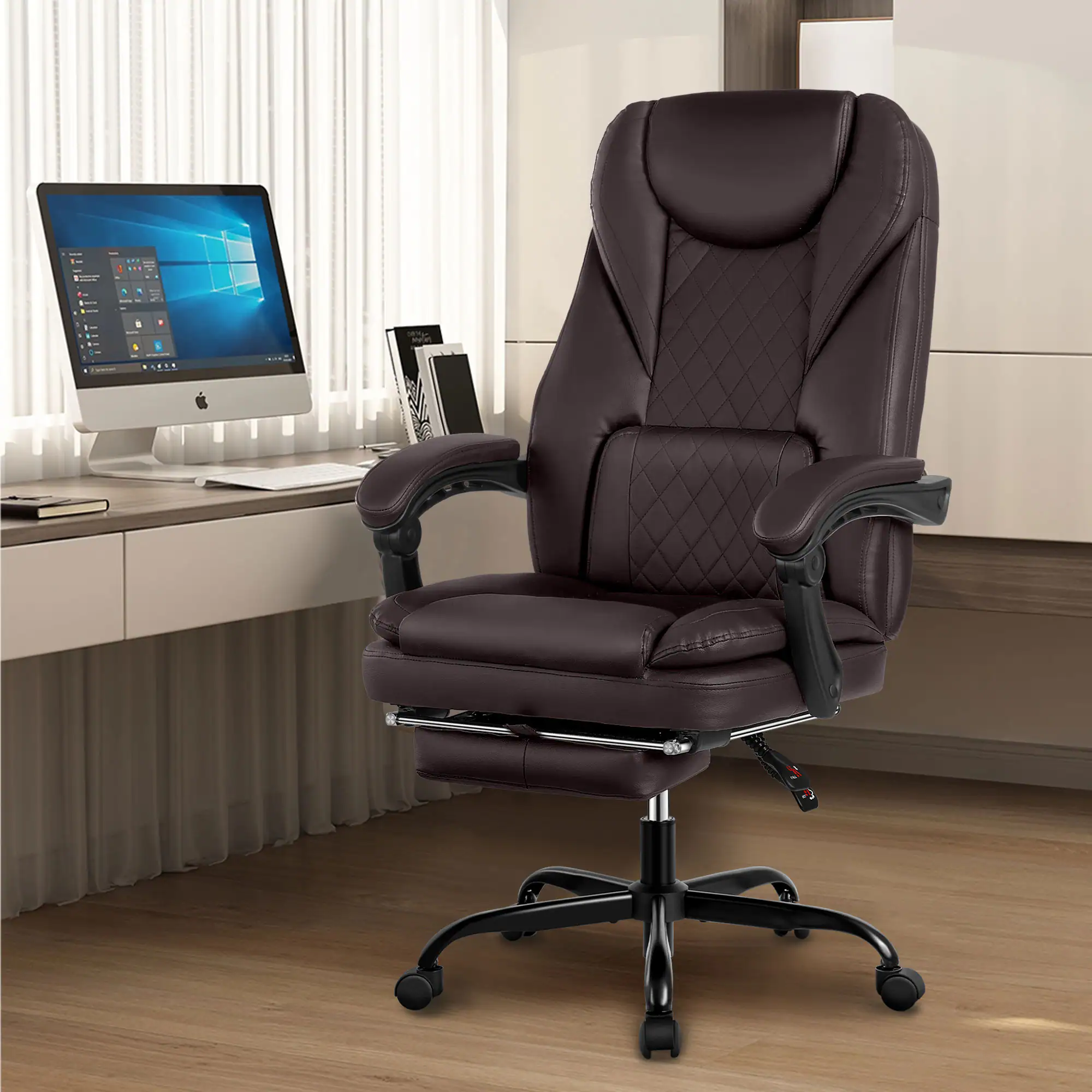 KERDOM - High Back Executive Leather Office Chair with Footrest, Swivel Ergonomic Reclining Computer Chair with Padded Armrests - Coffee