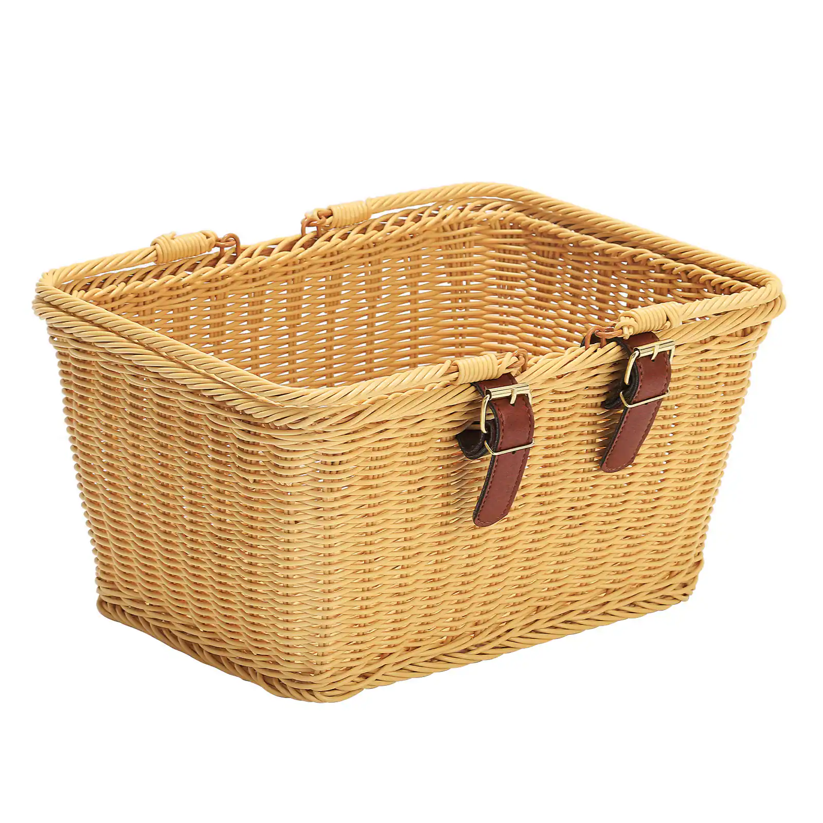 Oumilen - Hand Woven Plastic Wicker Bike Basket with Leather Buckle Straps - Natural