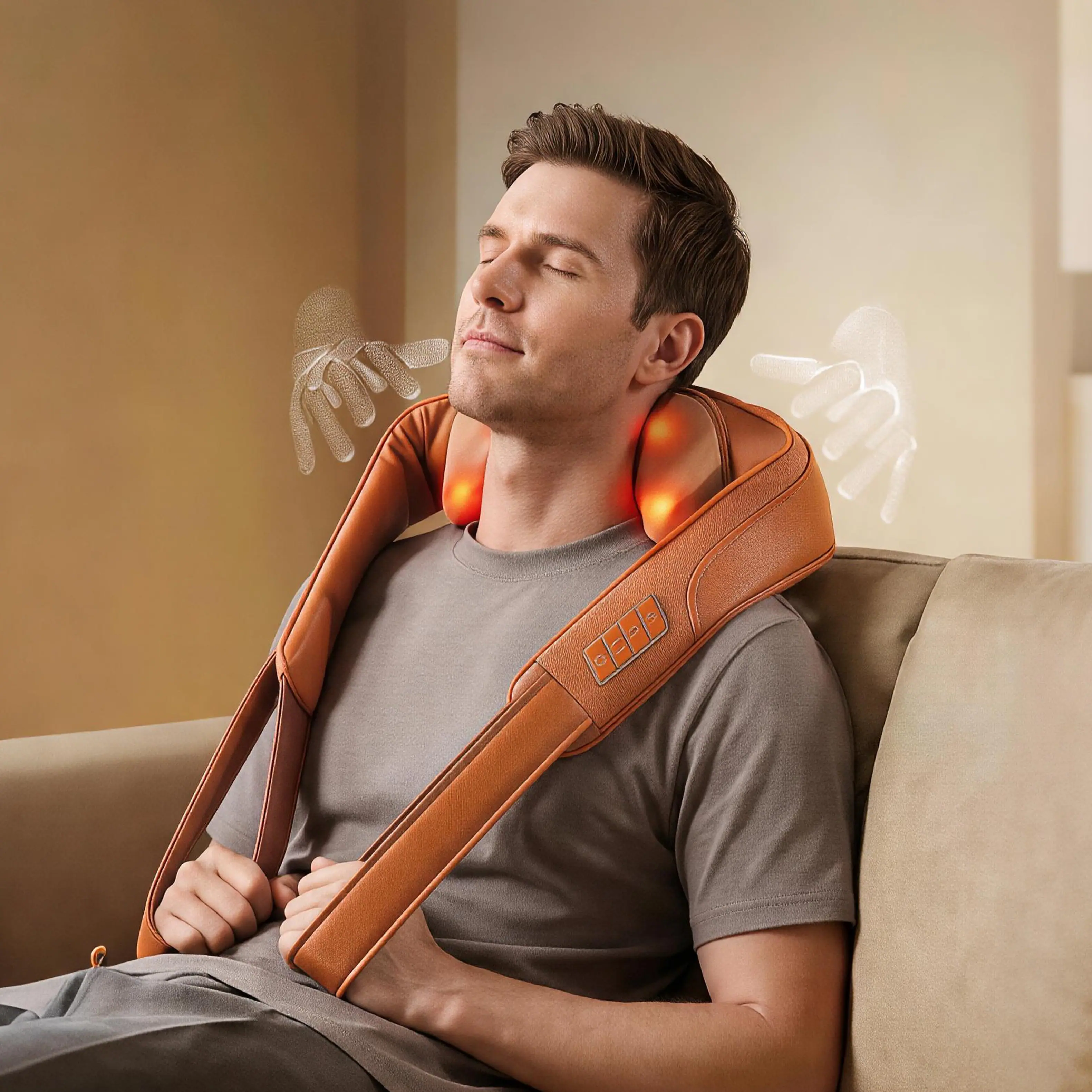 BREO - Upgraded 4D Neck Massager with Infrared Heat, Ergonomic Deep Kneading, Adjustable Straps, Ideal Gift Choice - Orange