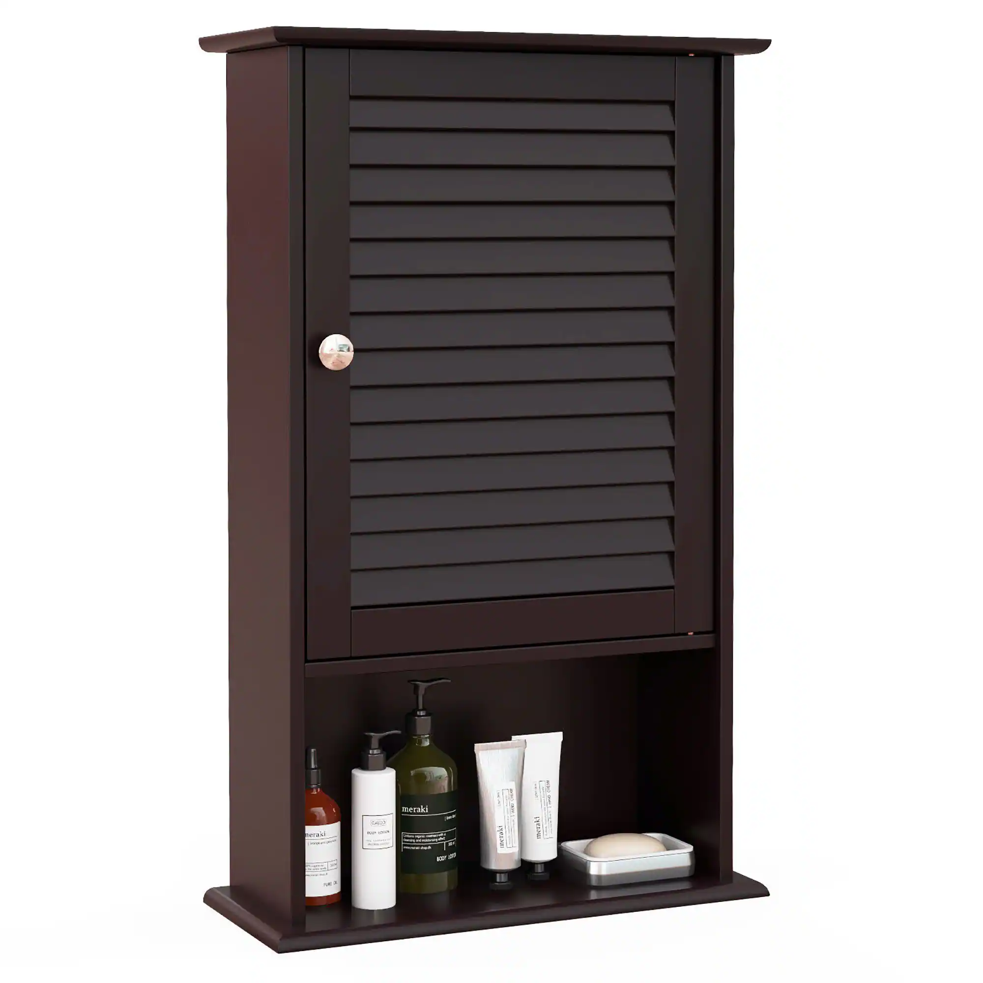 Gymax - Bathroom Wall Mount Storage Cabinet Single Door w/Height Adjustable Shelf - Espresso