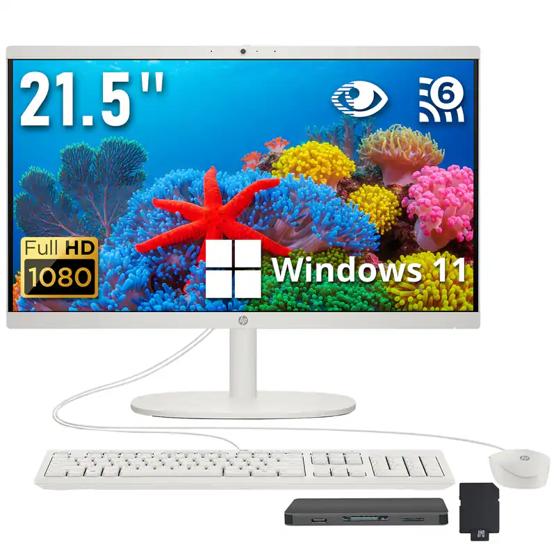 HP - Upgraded - 21.5" FHD All-in-One Desktop,Intel N100,16GB RAM,128GB UFS+1TB Dock Station,Intel UHD Graphics,Win 11 - White