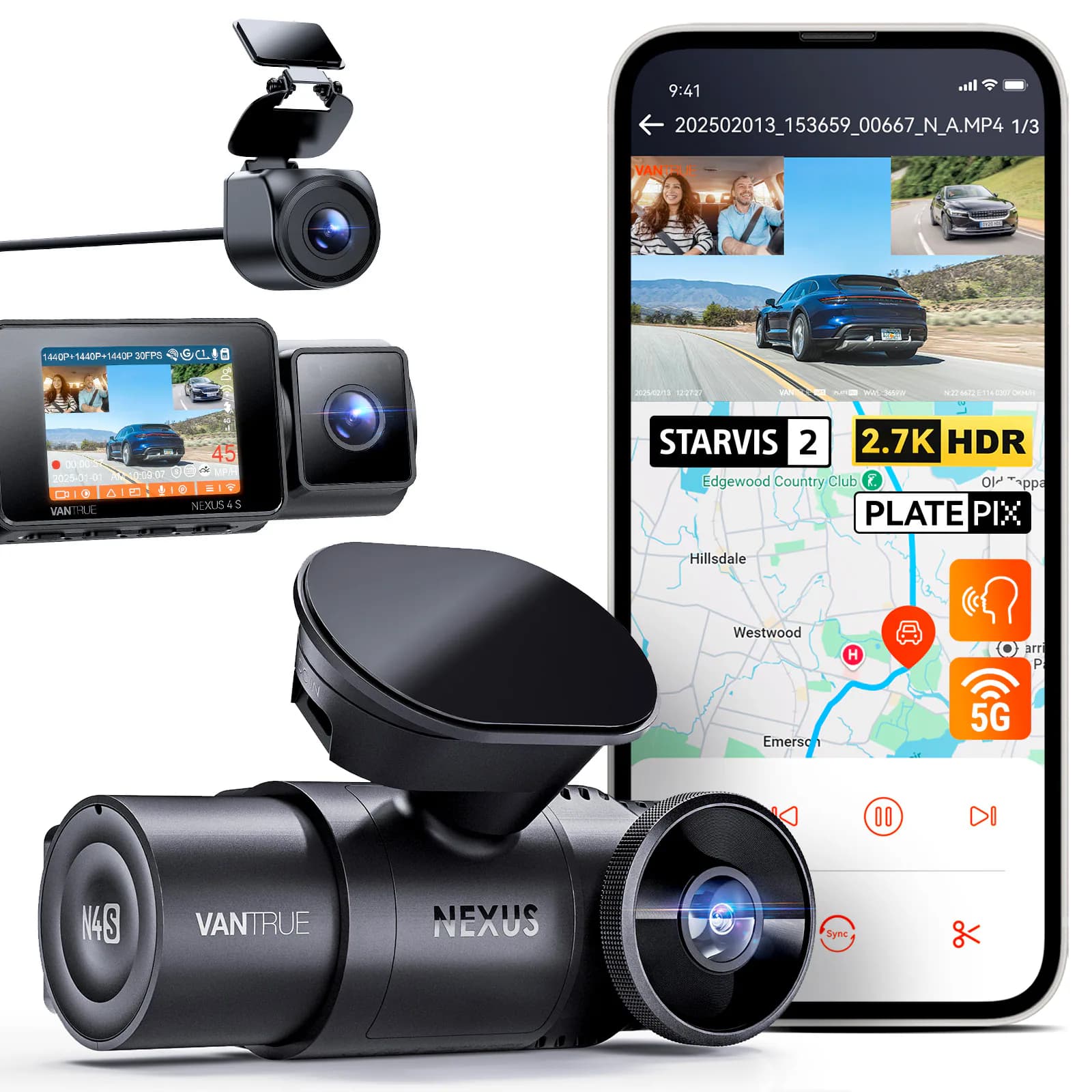 Vantrue - N4S 3K+2.5K+2.5K HDR 3-CH Dash Cam, Front Cabin and Rear, Night Vision, Parking Mode, 5GHz Wi-Fi & GPS - Black