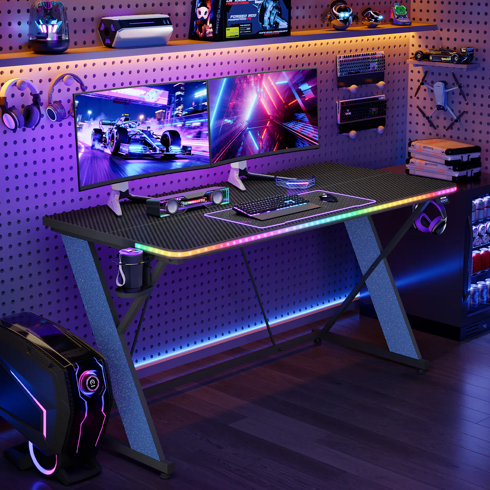 RSPGAME - Gaming Desk with LED Lights, X-Shaped Frame Computer Desk with Hook Cup Holder & Side Bag, Desk Gamer for Home Office - 43'' Black & Blue