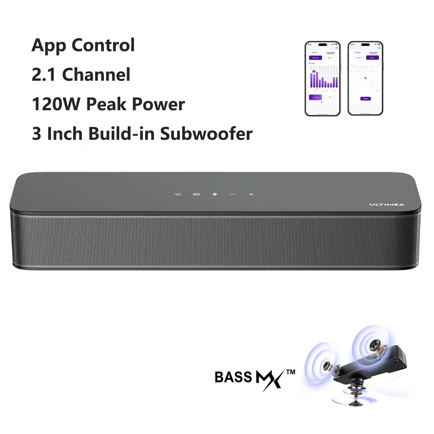Ultimea - Poseidon M20 2.1ch Sound Bar, Built-in Subwoofer, App Control, 120W, Bluetooth 5.4, OPT/AUX, Wall Mount 2026 Ver - Black