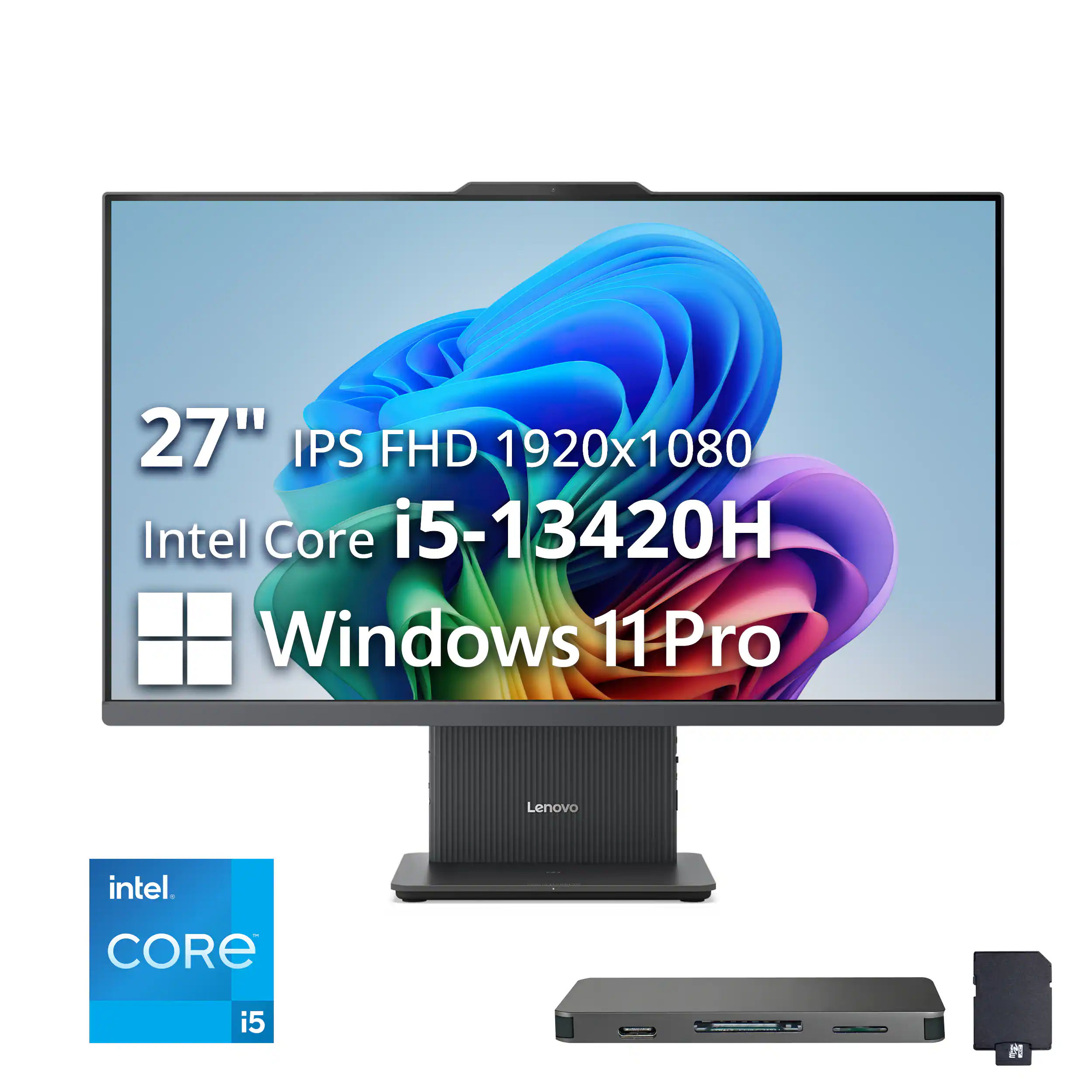 Lenovo - Upgraded - 27" FHD All-in-One Desktop,Intel i5-13420H,32GB RAM,1TB SSD+1TB Dock,Wireless Keyboard & Mouse,Win 11 Pro - Gray