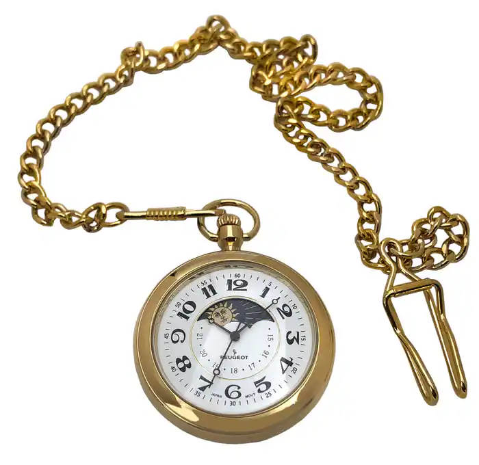 Peugeot - Men's 14K Plated Sun Moon Pocket Watch with Chain - Gold