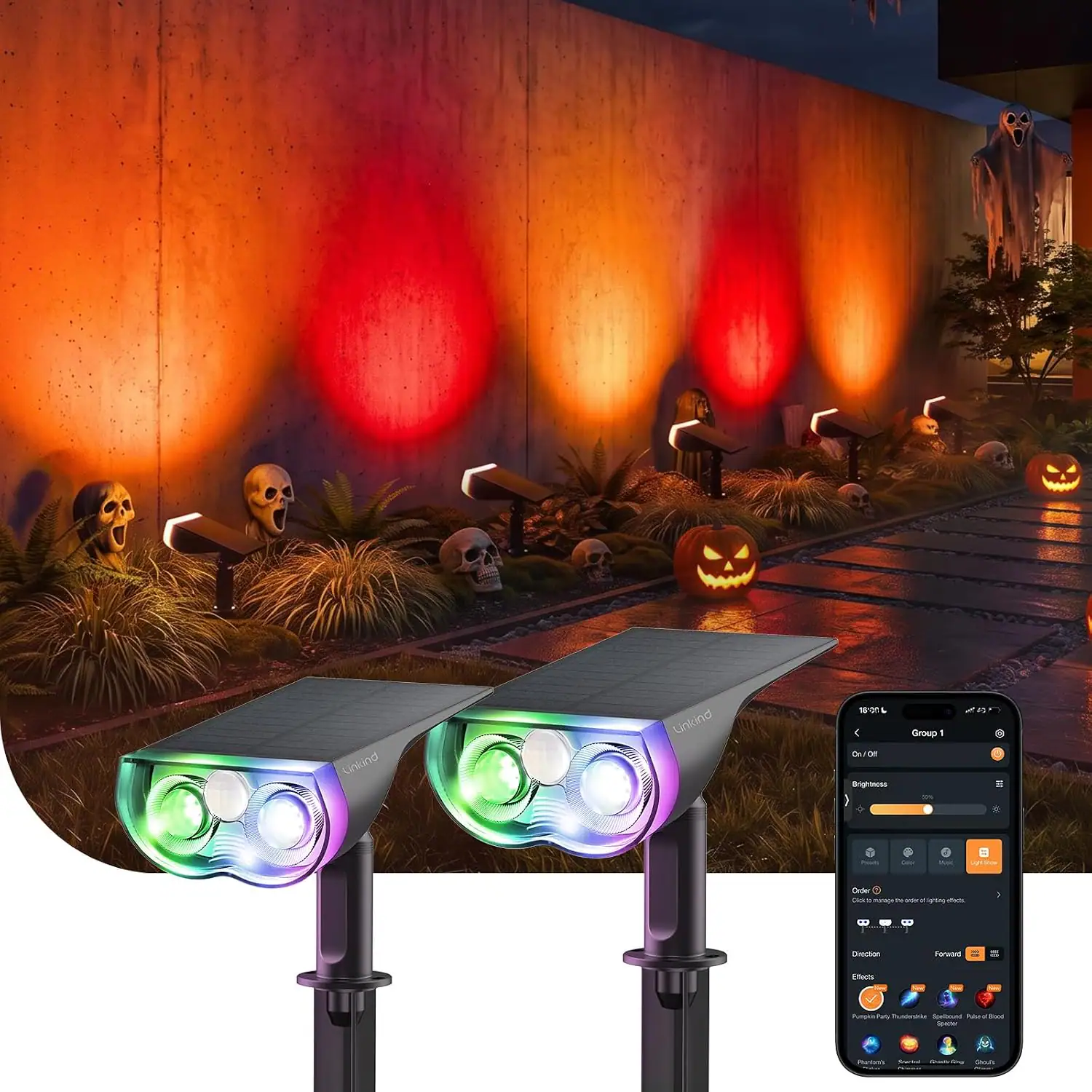 Linkind - Smart Solar Spotlights Outdoor SL5, APP/Voice Control, IP65 Waterproof, 2 Pack - Multicolor