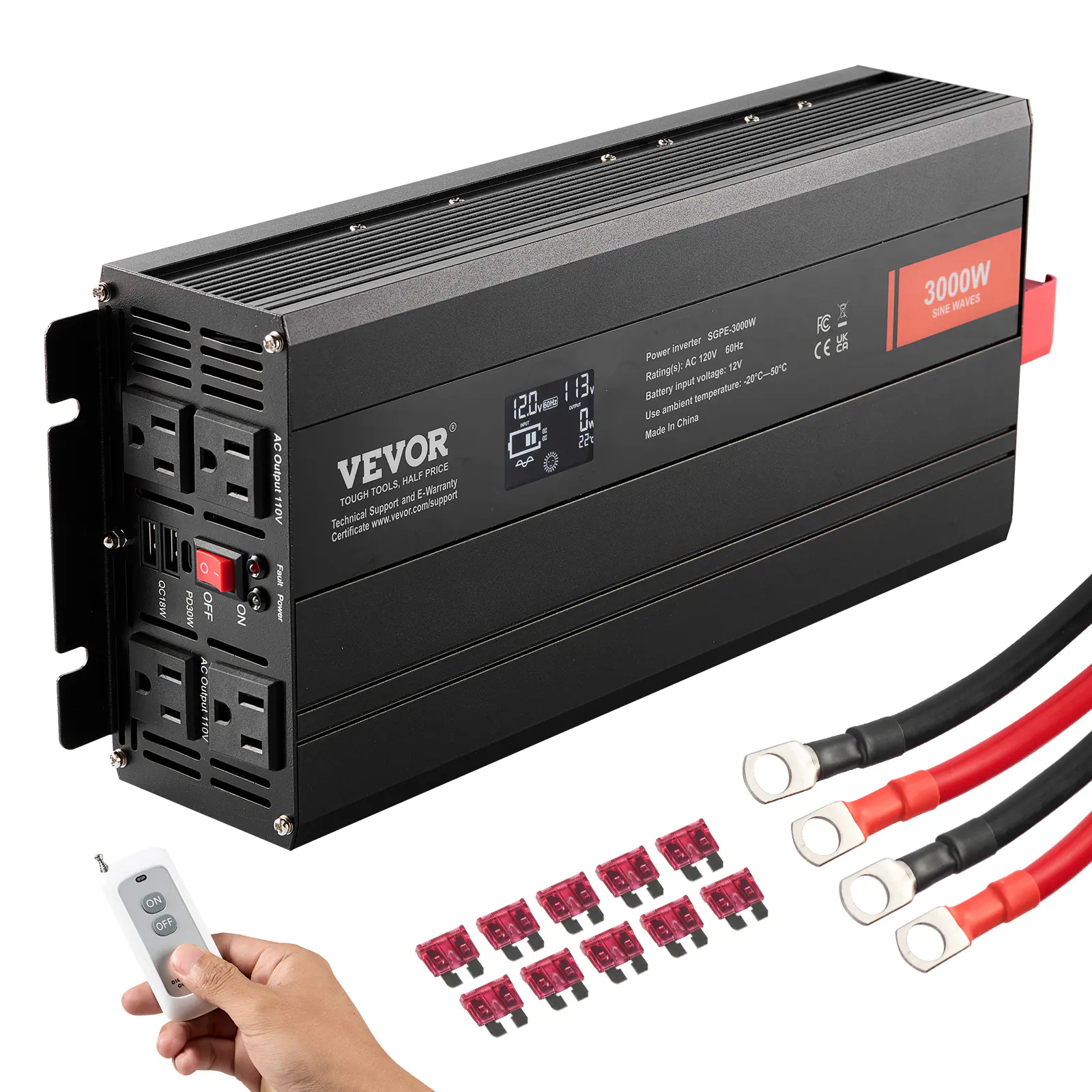 VEVOR - Pure Sine Wave Inverter, 3000 Watt, DC 12V to AC 120V Power Inverter with 2 AC Outlets 2 USB Port 1 Type-C Port - Black