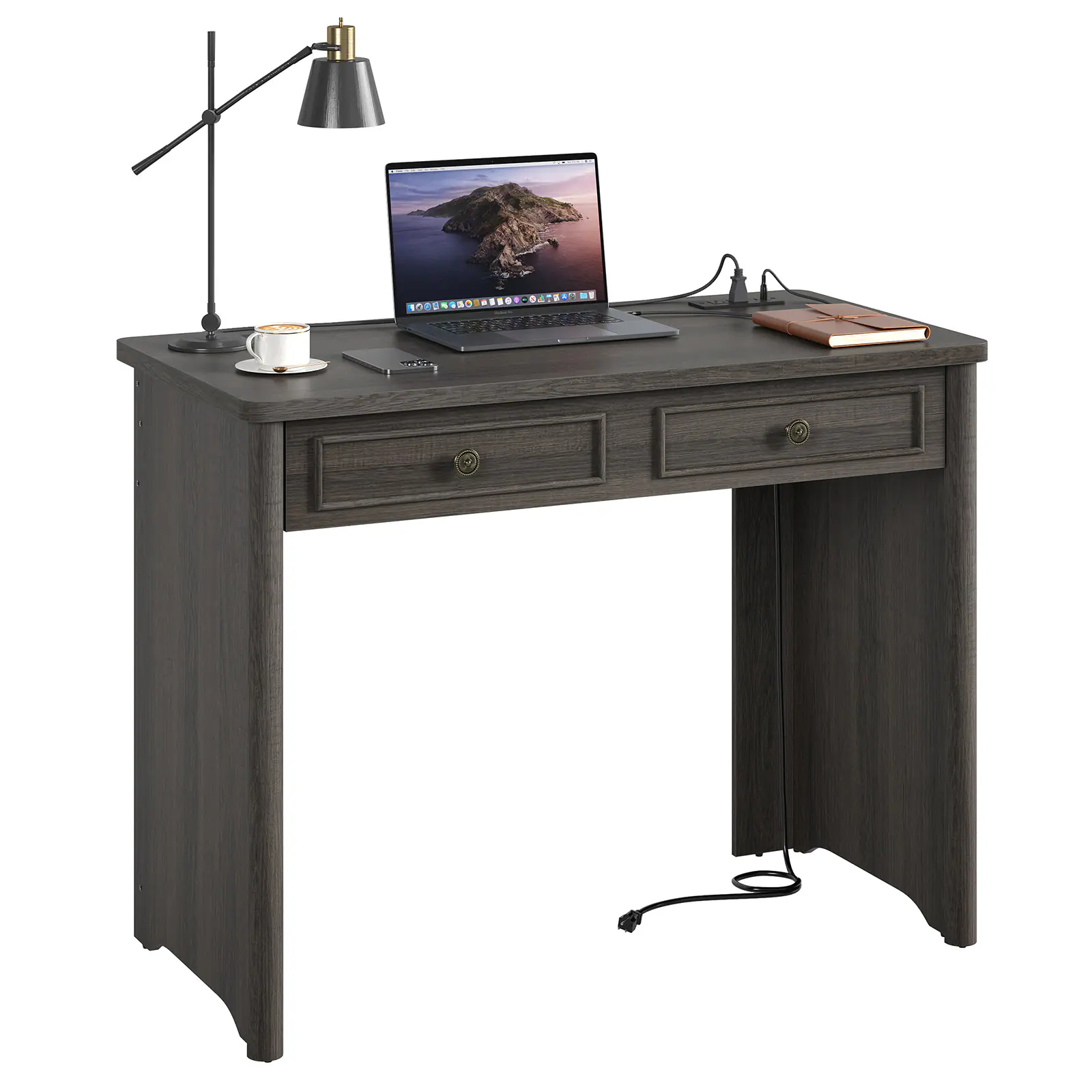 Bestier - 40 Inch Computer Desk with Built in Power Station Soft Close Storage Drawer Wood Study Desk - Charcoal stained Ash