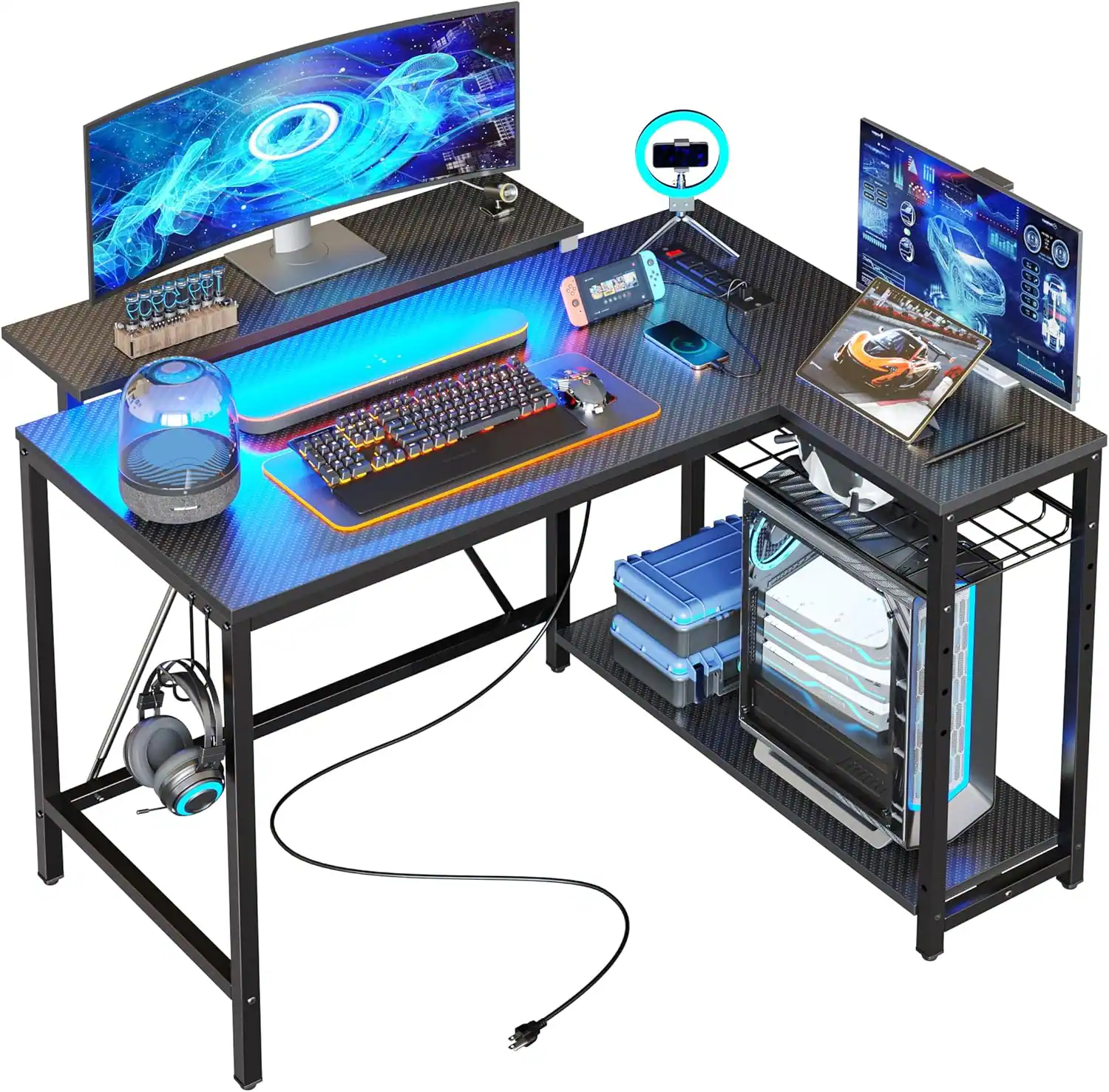 Bestier - L-Shaped Gaming Desk with Power Outlets LED Lights and Reversible Storage Shelves & Hooks - 42" Wide - Black Carbon Fiber