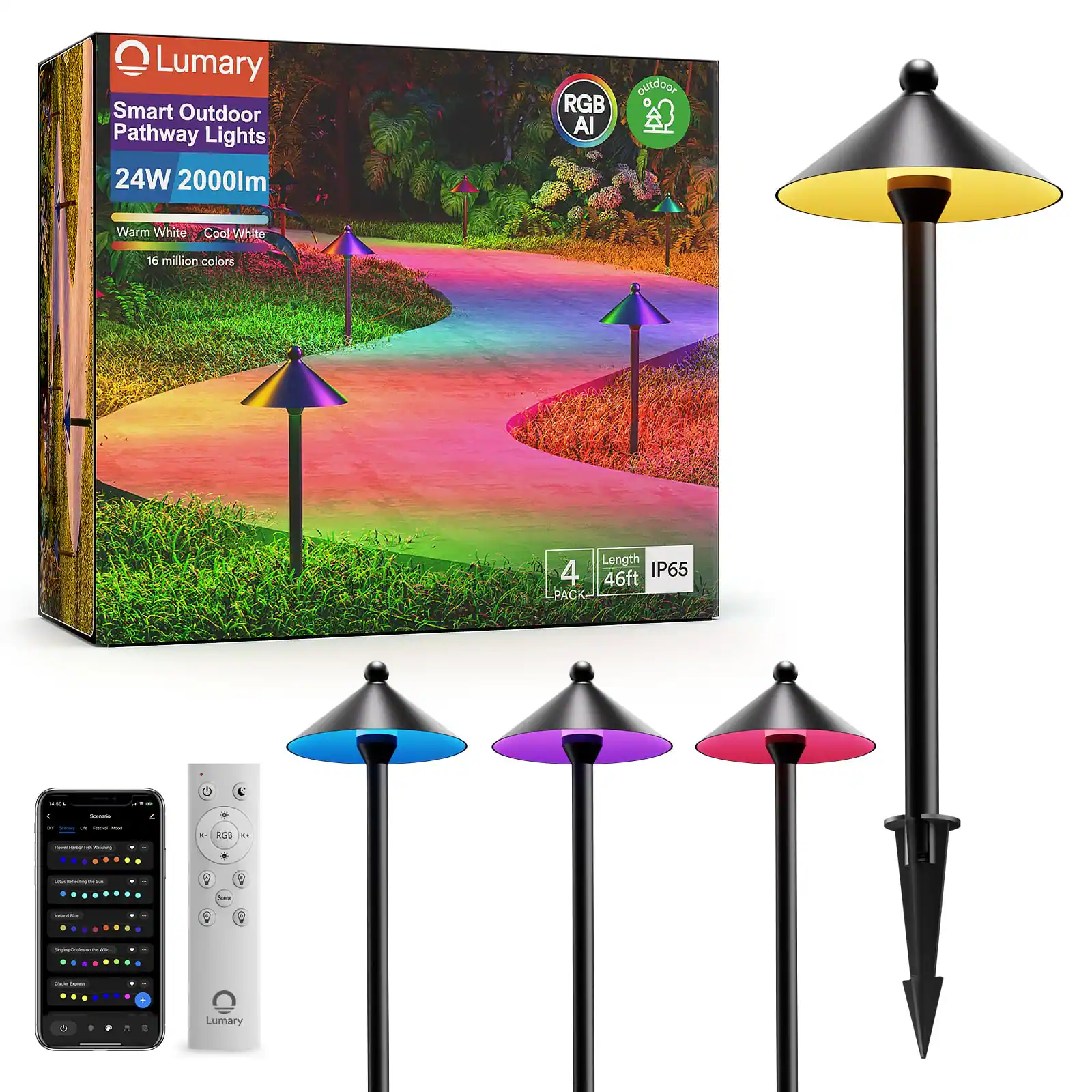 Lumary - Smart Low Voltage Pathway Lights with RGBAI Color Changing, App/Remote Control, IP65 Waterproof - Black