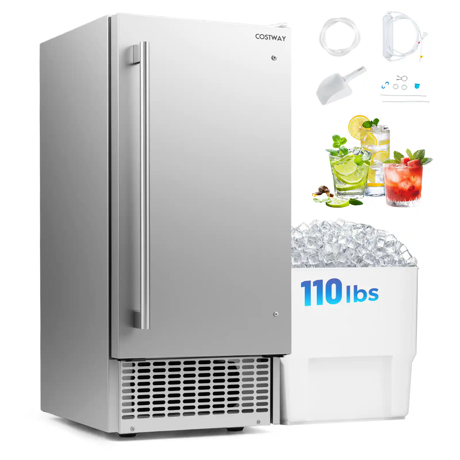 Costway - Freestanding Ice Maker, 110 lbs/24H Undercounter/ Ice Machine with 25 lbs Capacity - Silver