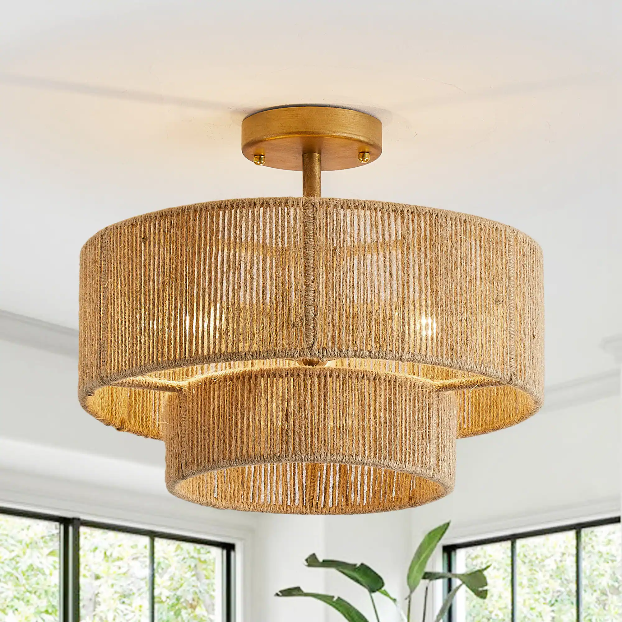 Parrot Uncle - 3-Light Traditional Farmhouse Wabi-Sabi Flush Mount Light - Brown