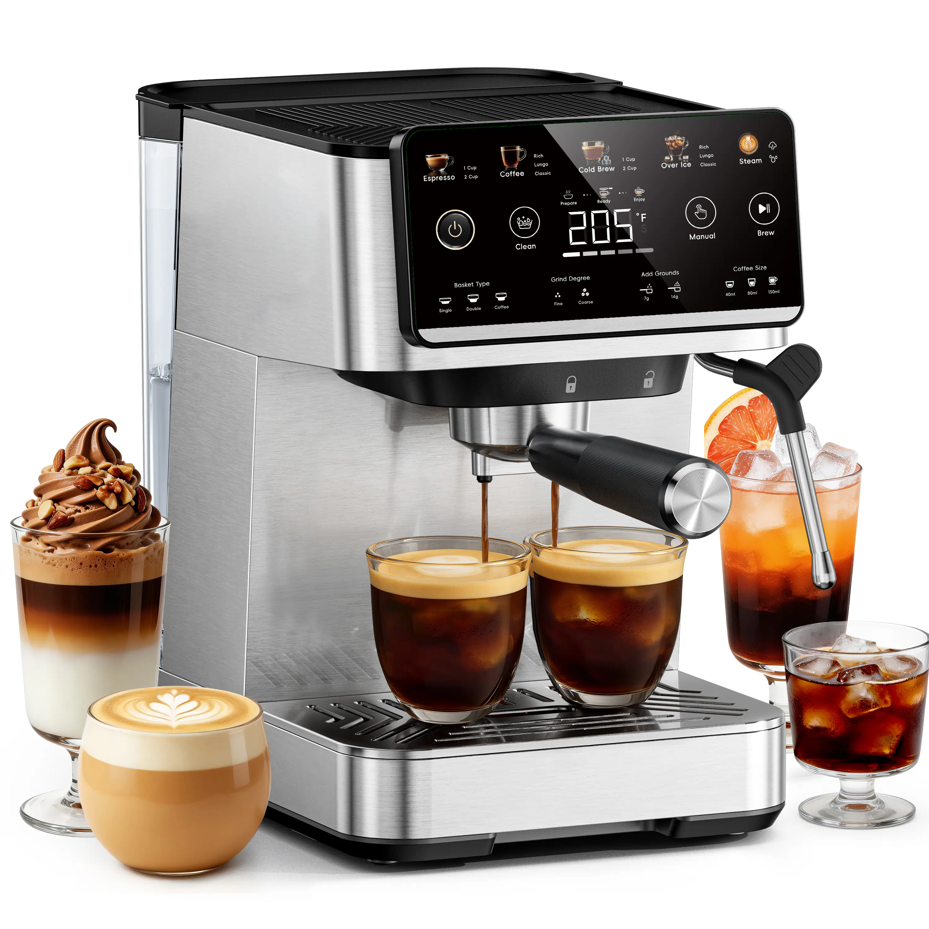 Ecozy Chillio - 4-in-1 Espresso, Coffee, Cold Brew, Over Ice Machine with Milk Frother, Interactive Touch Screen, Brezzano Elite Series - Stainless Steel