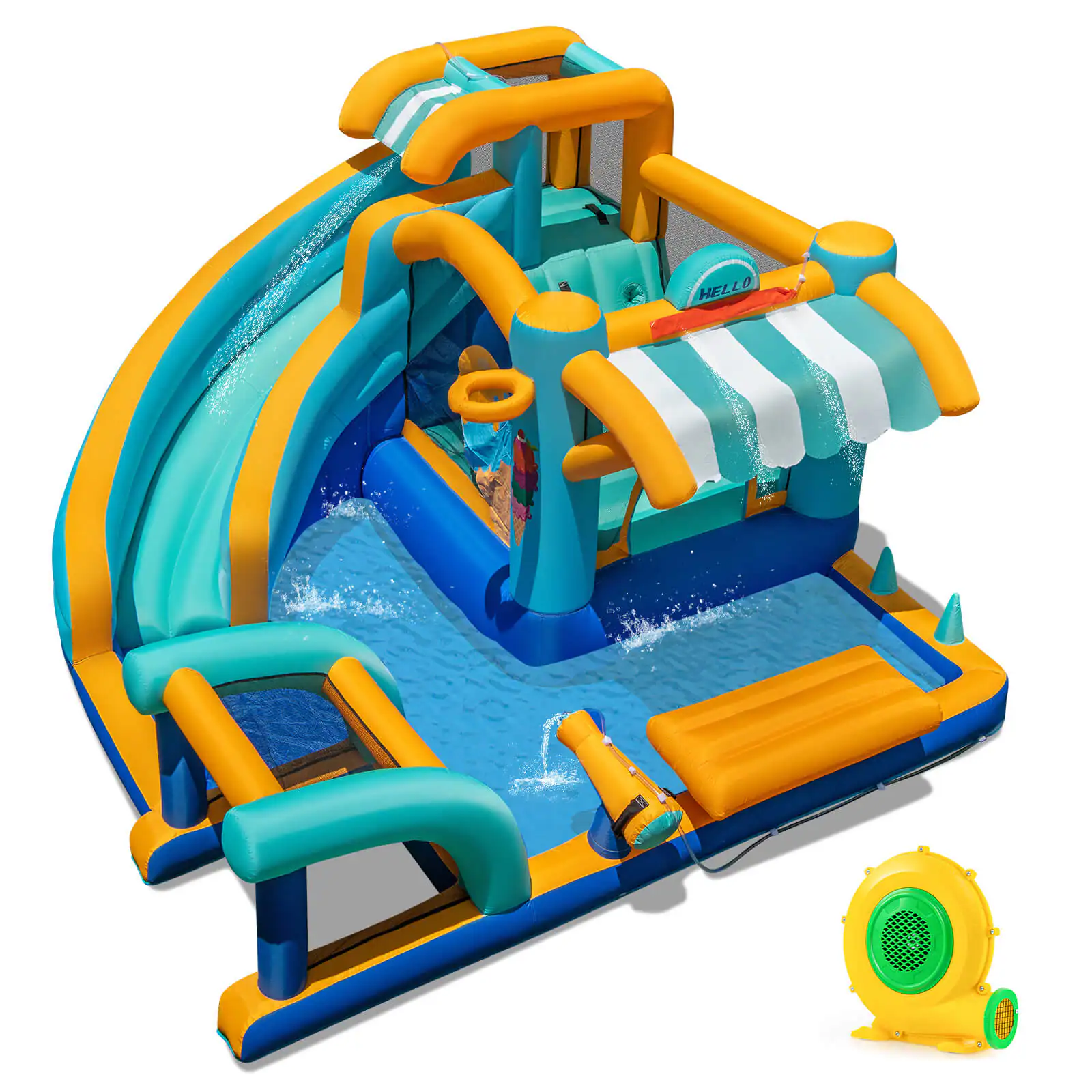 Costway - Inflatable Water Park with Market Stand Climbing Wall Basketball Rim 680W Blower - Green