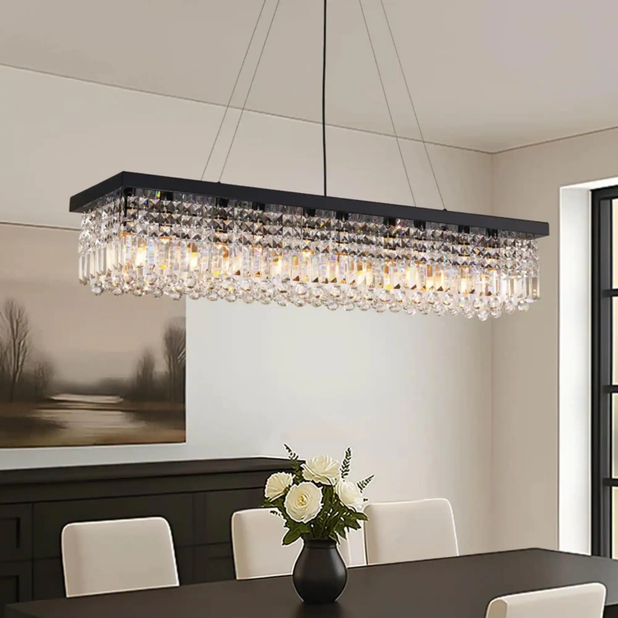 Siljoy - 47.2" 10-Light Linear Crystal Chandelier, Adjustable K9 Crystal Pendant Light for Kitchen Island Dining Room - Black