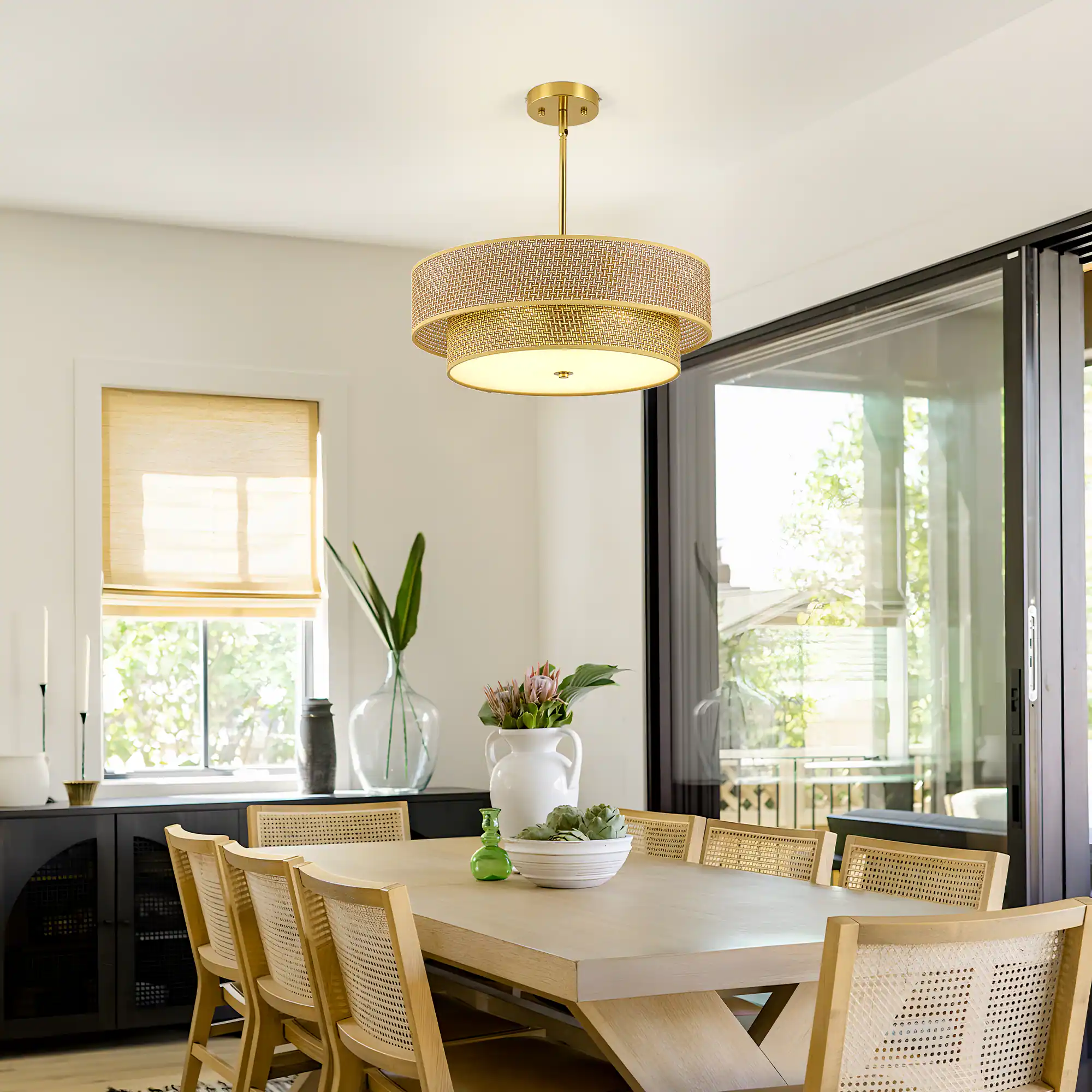 Malletson - 17.7" Rattan Linen Chandelier, Woven Drum Shade Fixture, Boho Farmhouse Lighting for Bedroom Dining