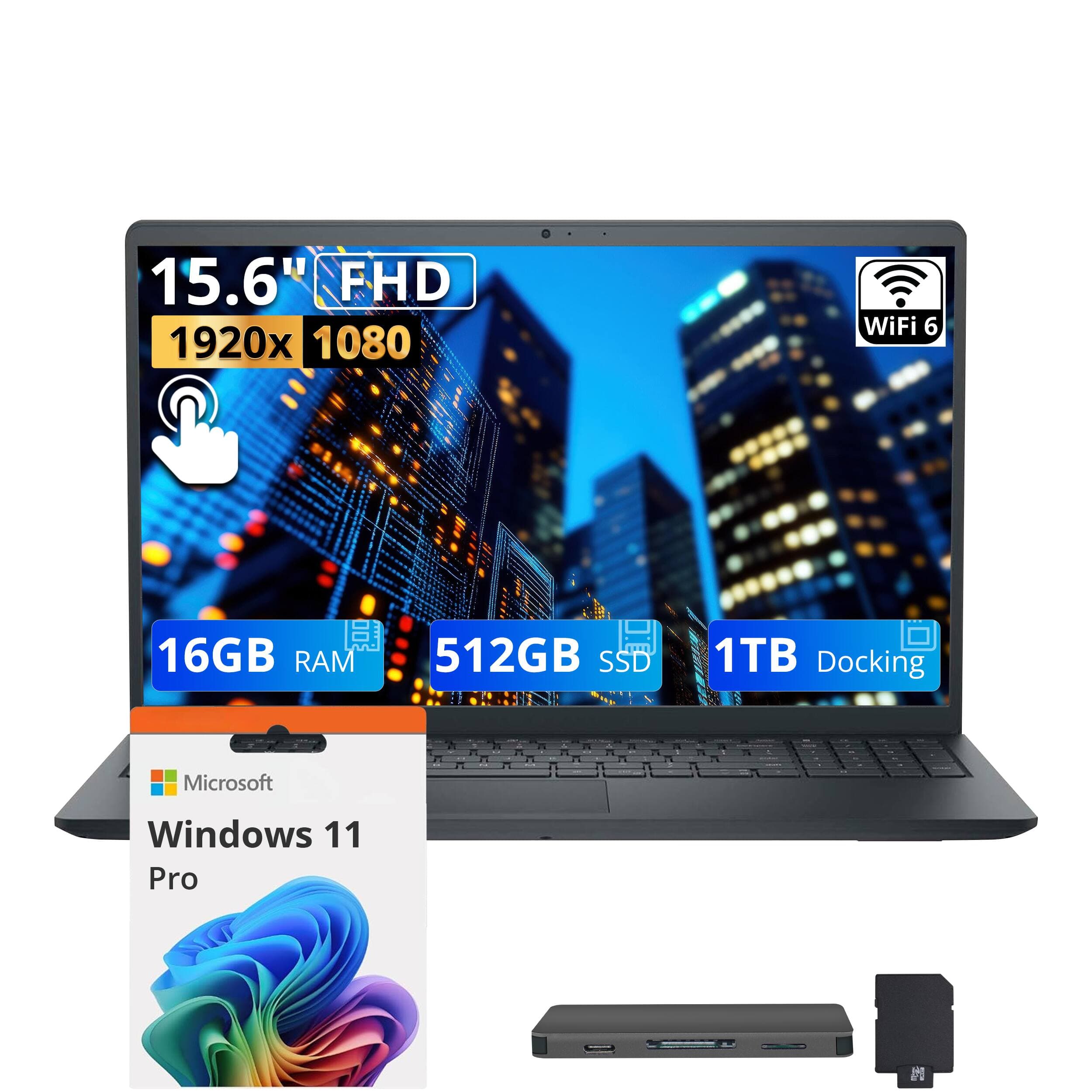 Dell - Upgraded - 15.6" FHD Touchscreen Laptop,Intel i5-1334U,16GB DDR5,512GB SSD+1TB Dock Set,Intel UHD Graphics,Win 11 Pro - Black