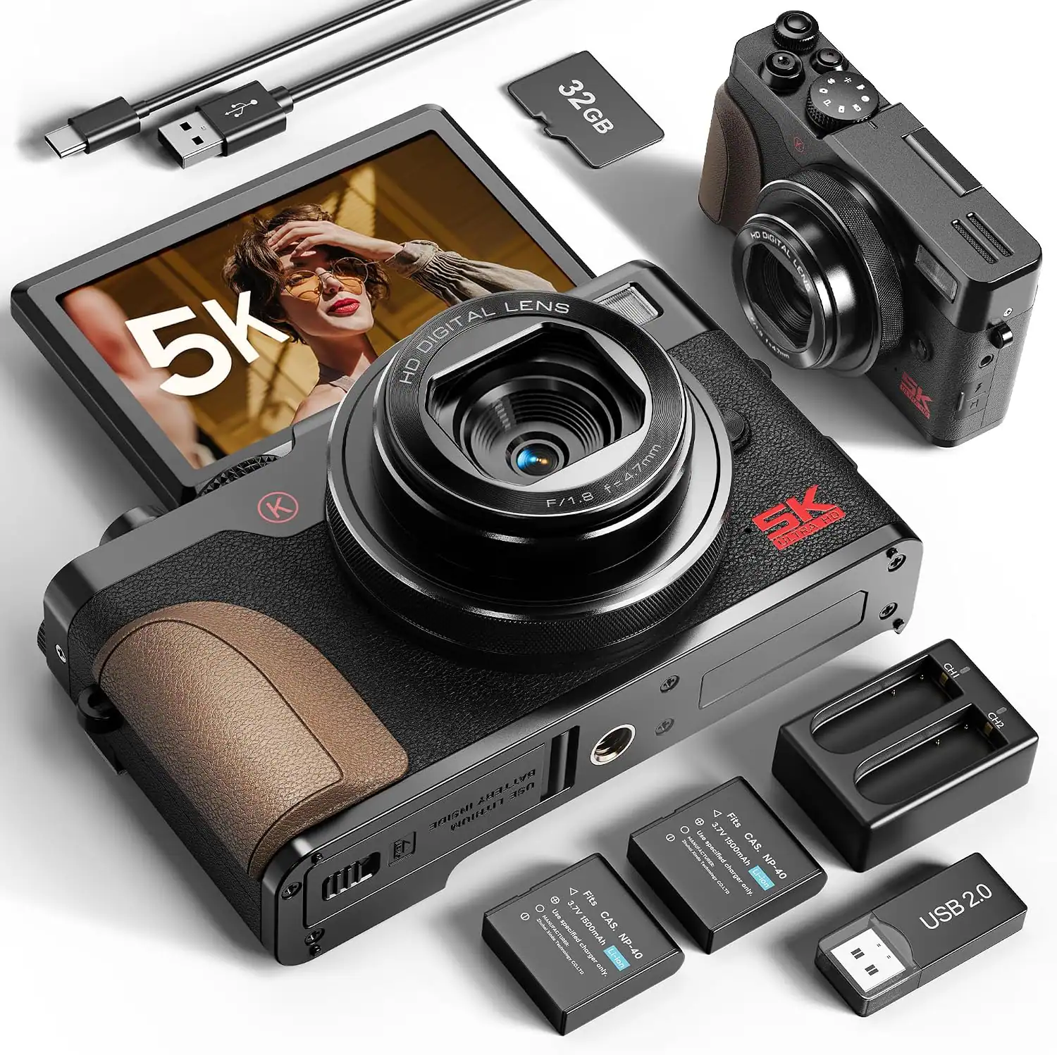 NBD - K100C 5K Digital Camera for Photography, 64MP, Autofocus, 18X Digital Zoom, 32GB Card