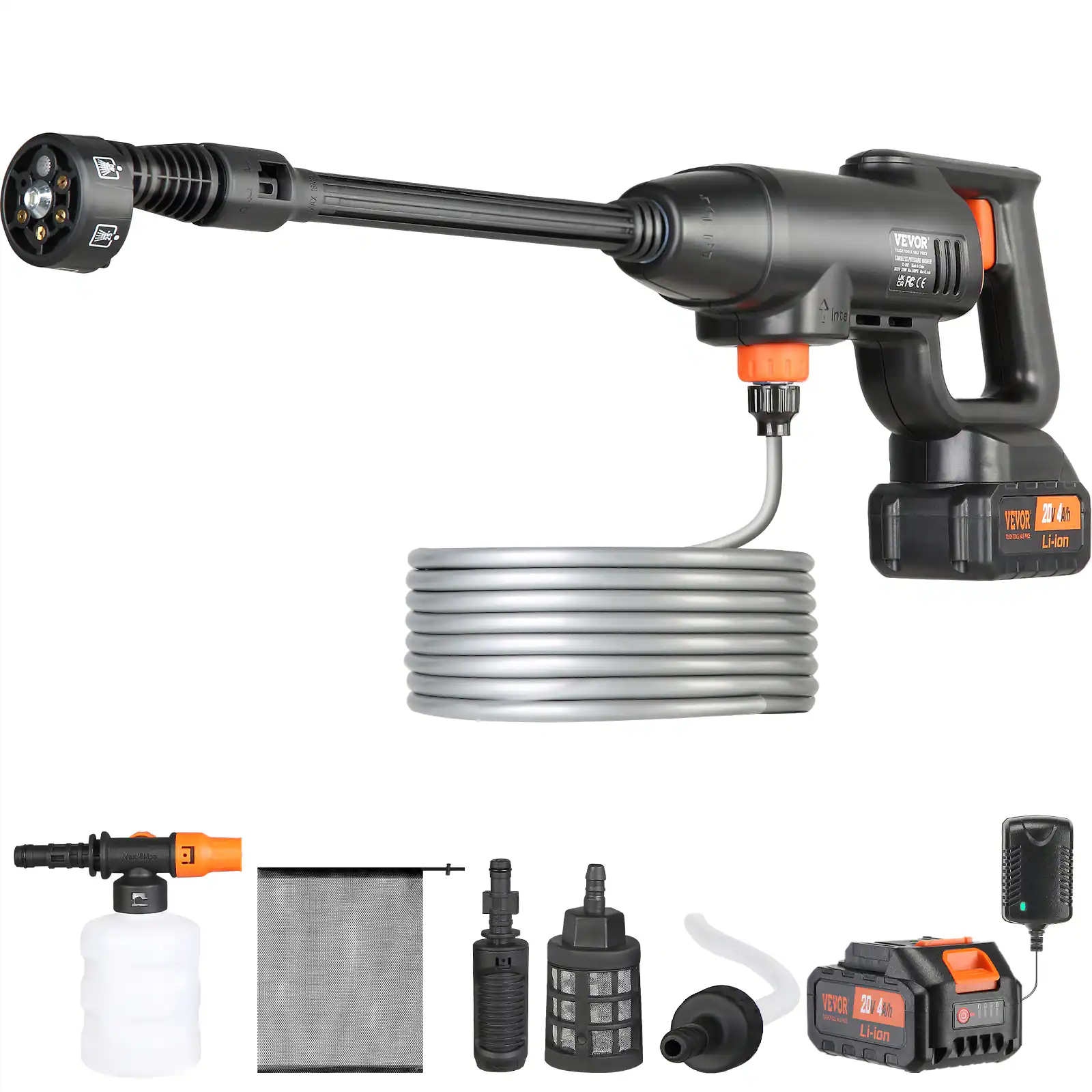 VEVOR - Cordless Pressure Washer, 580-PSI 1.1 GPM Portable Power Cleaner, Handheld Washer Gun with 4.0Ah Battery, 6-in-1 Nozzle - Black,Orange