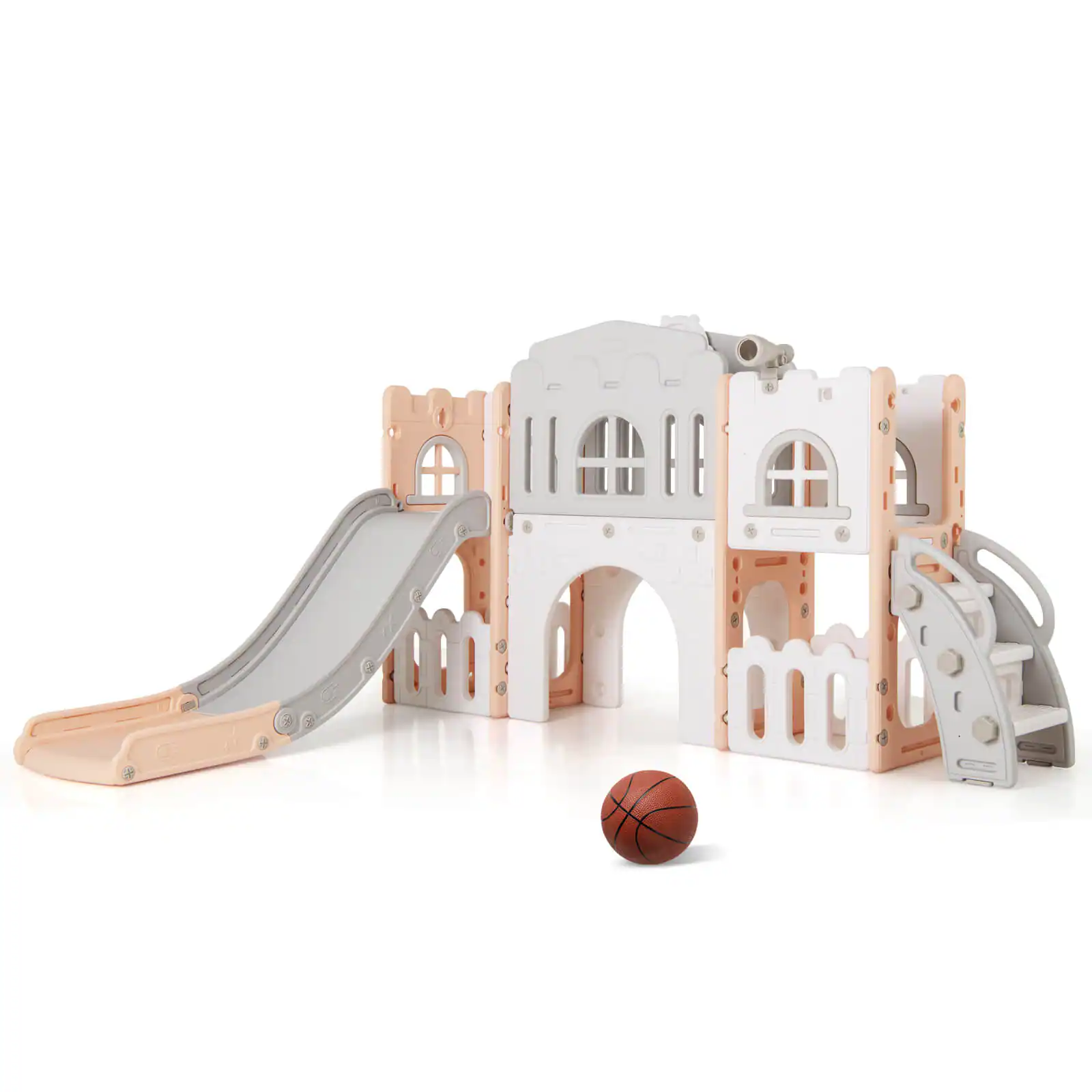 Costway - All in 1 Toddle Slide Playset Freestanding Kids Slide with Tunnel, Basketball Hoop - Pink+Gray