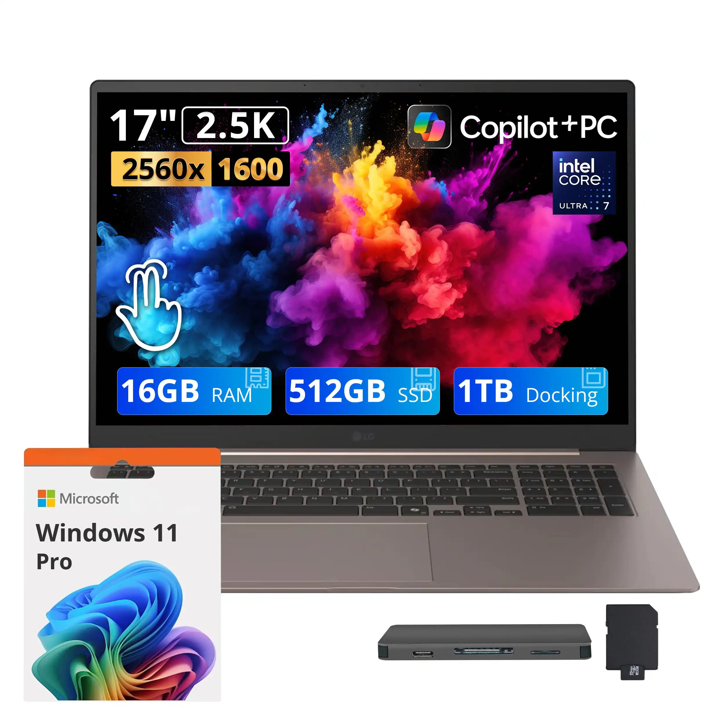 LG gram - Upgraded - Max 17" 2.5K Touch AI Laptop,Intel Ultra 7 355,16GB RAM,512GB SSD+1TB Dock Set,Backlit,Win 11 Pro - Matte Bronze