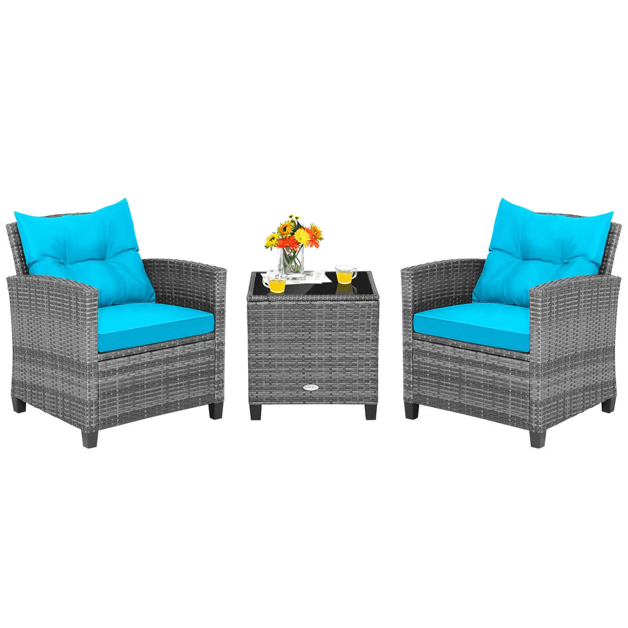 Costway - 3 PCS Patio Rattan Furniture Bistro Set Cushioned Sofas Side Table Armrest - Turquoise + Mix Grey