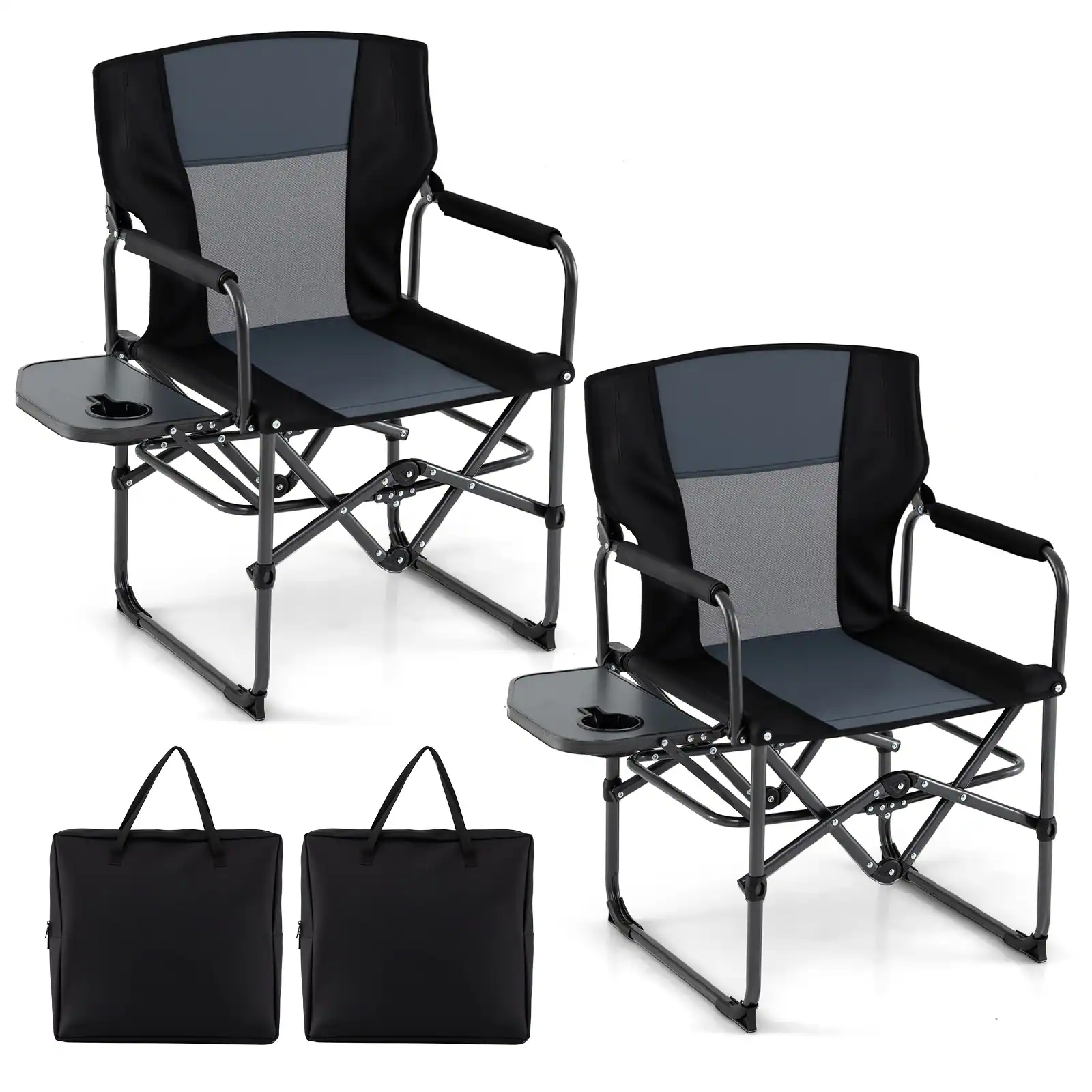 Costway - 2 PCS Folding Camping Chair with Side Table, Built-in Cup Holder & Carry Bag - Black & Gray