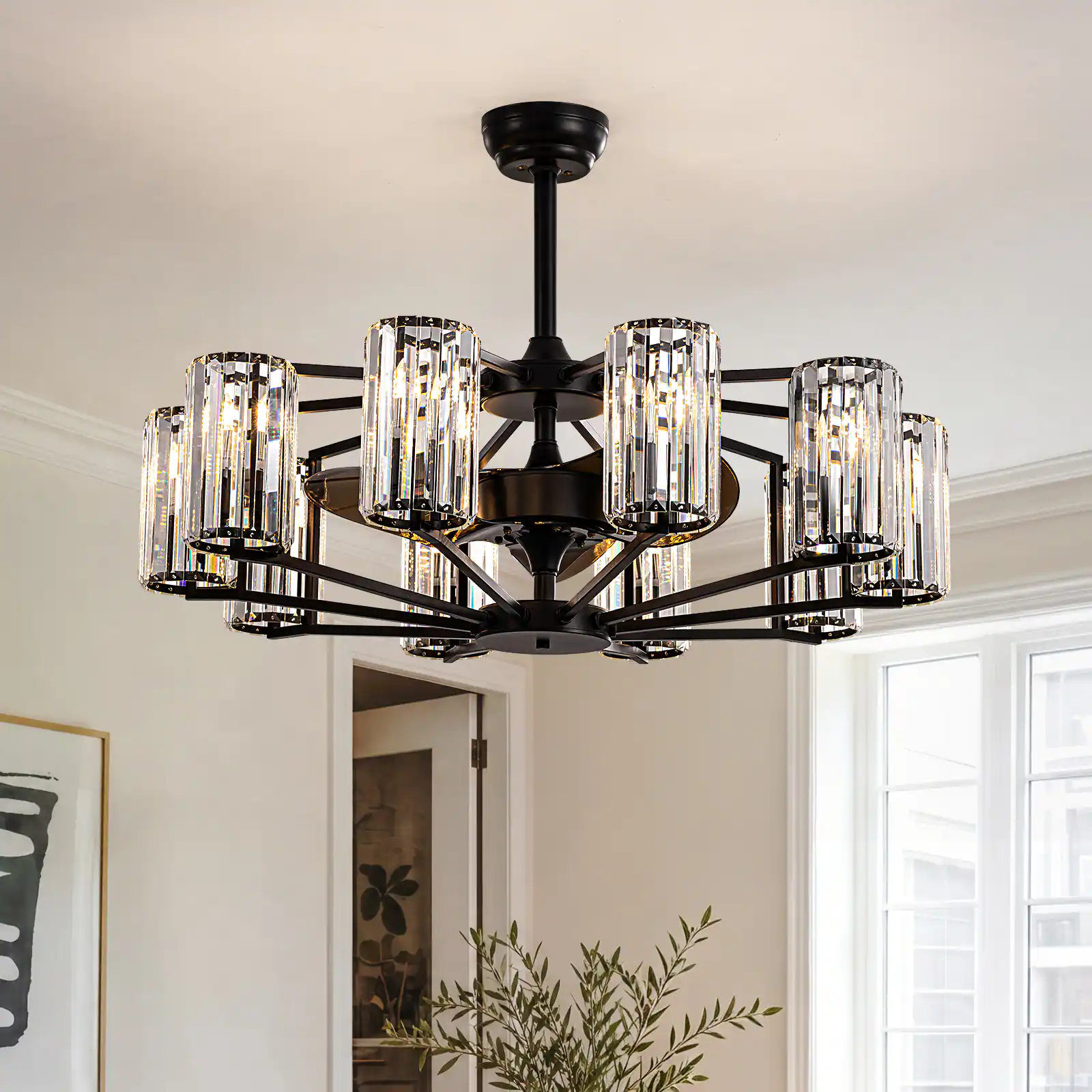 Siljoy - 36-inch Matte Ferris Wheel 10-Light Dimmable Crystal Fandelier Adjustable Height for Dining Room Bedroom - Black