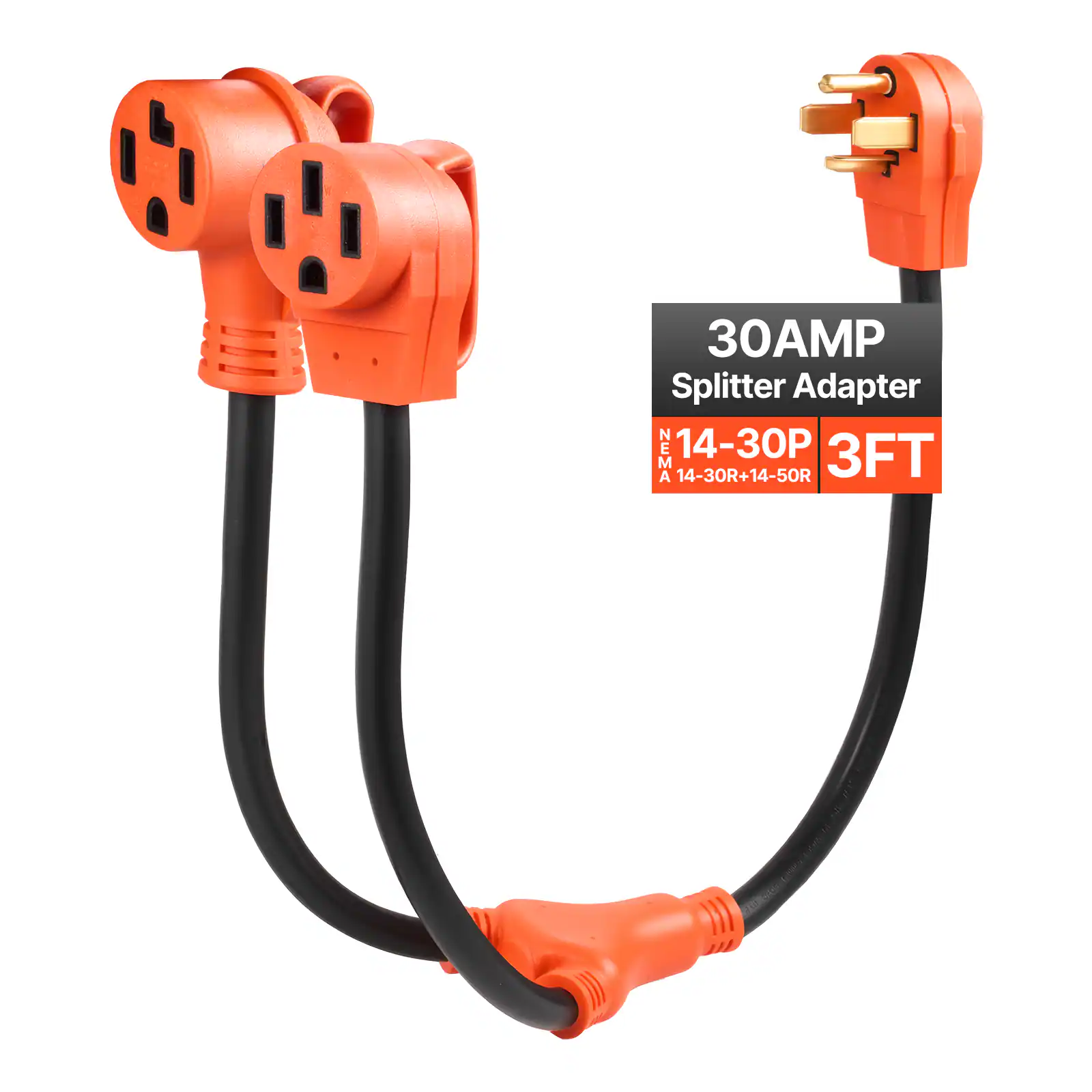 VEVOR - Y Splitter Adapter, 30 Amp, 4 Prong Outlet 240 Volt Dryer to EV Charger Adapter, NEMA 14-30P to 14-30R/14-50R, with Grip - Black;Orange
