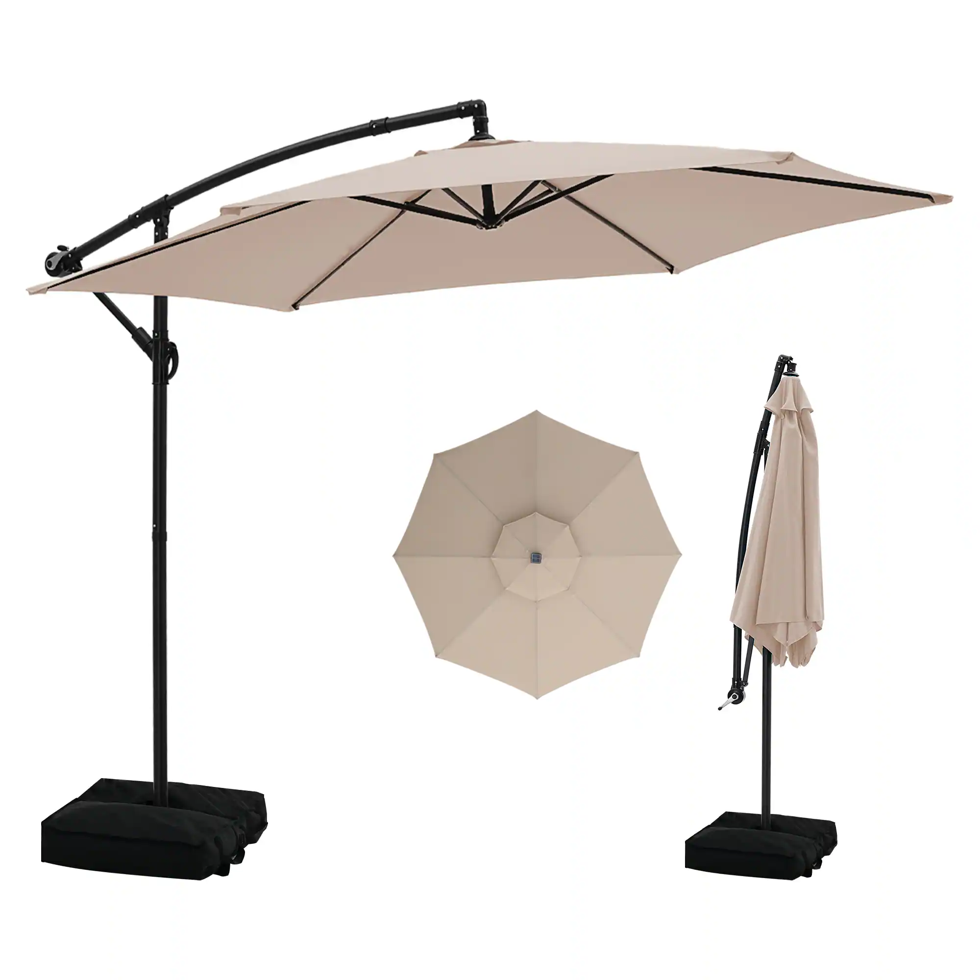 Ainfox - 10FT Outdoor Patio Cantilever Umbrella Hanging Offset with Cross Base & Sand Bags for Market,Backyard - Khaki