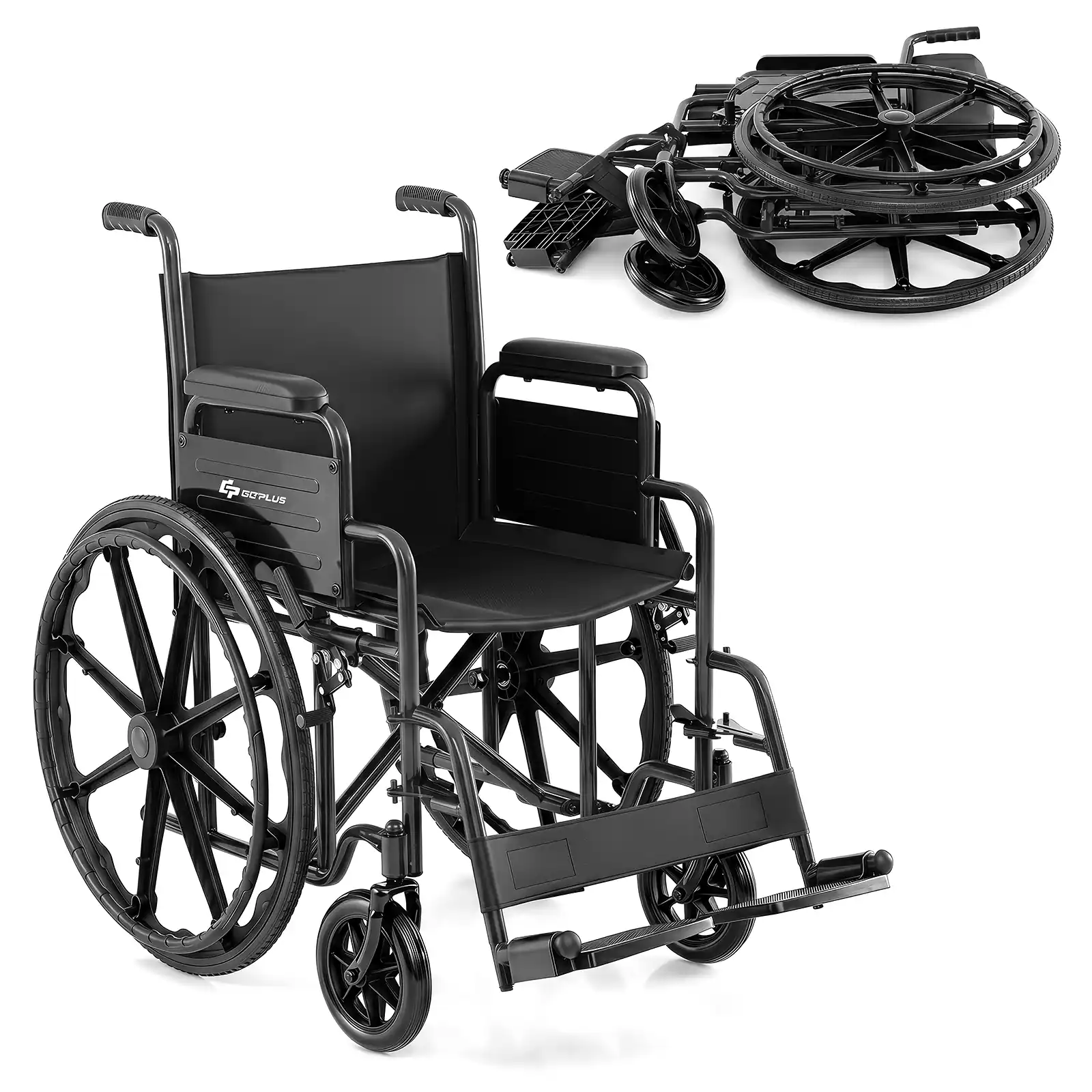 GOPLUS - Lightweight Folding Wheelchair for Adults with Swing-Away Footrest & Desk Arm - Black