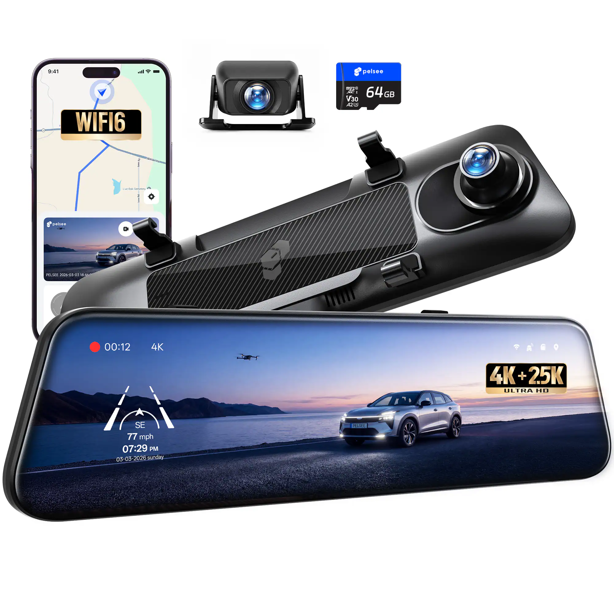 pelsee - 4K+2.5K Mirror Dash Cam Front/Rear, 8MP Sensor, Telephoto Lens, Full-Color Night Vision, WiFi 6, 64GB Card - Black