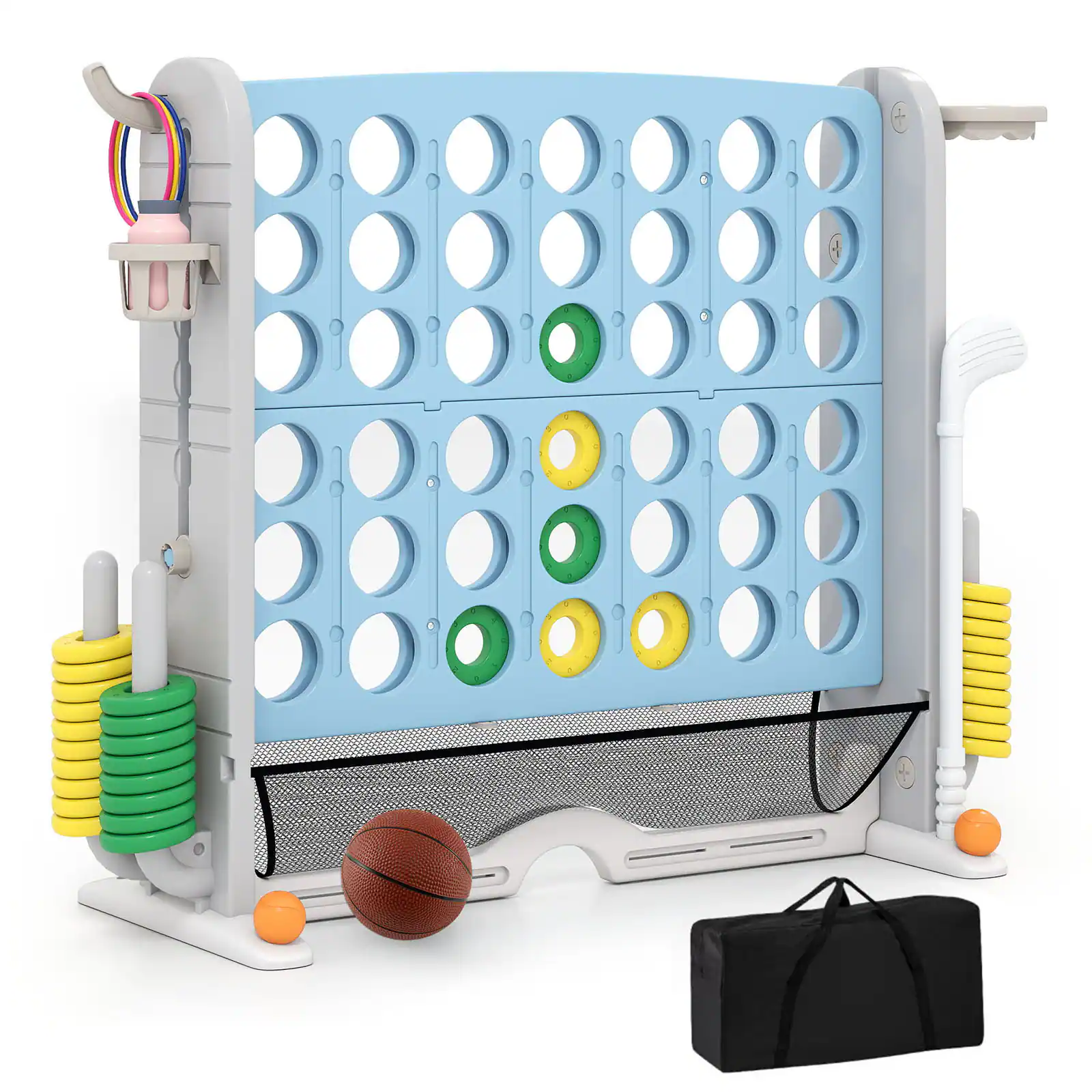 Costway - Giant 4-IN-A-ROW Game Set with Ring-toss, Basketball Hoop, Cup Holders, Storage bag - Gray & Light Blue