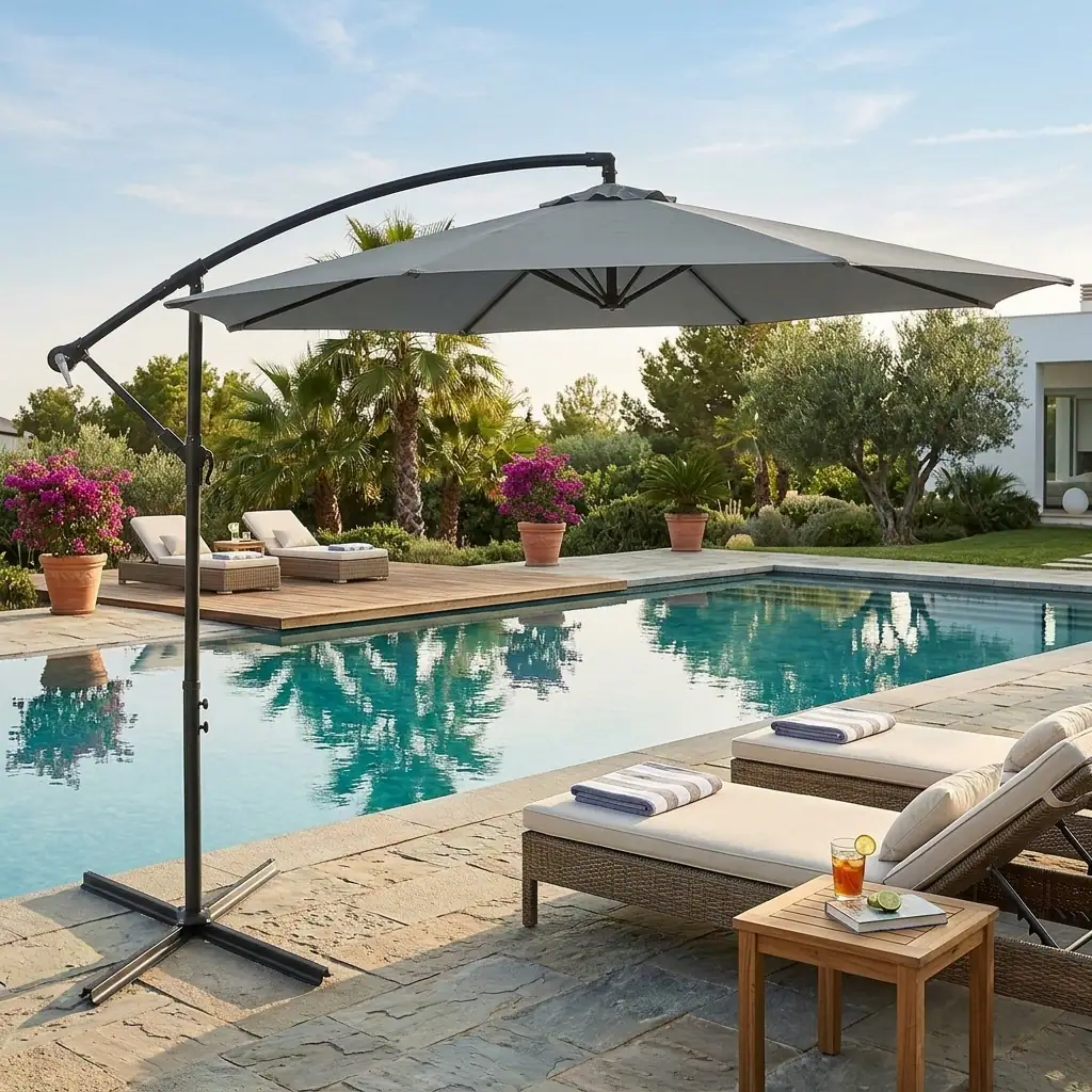 WELLFOR - 10FT Offset Cantilever Patio Umbrella with 8 Ribs and Cross Base