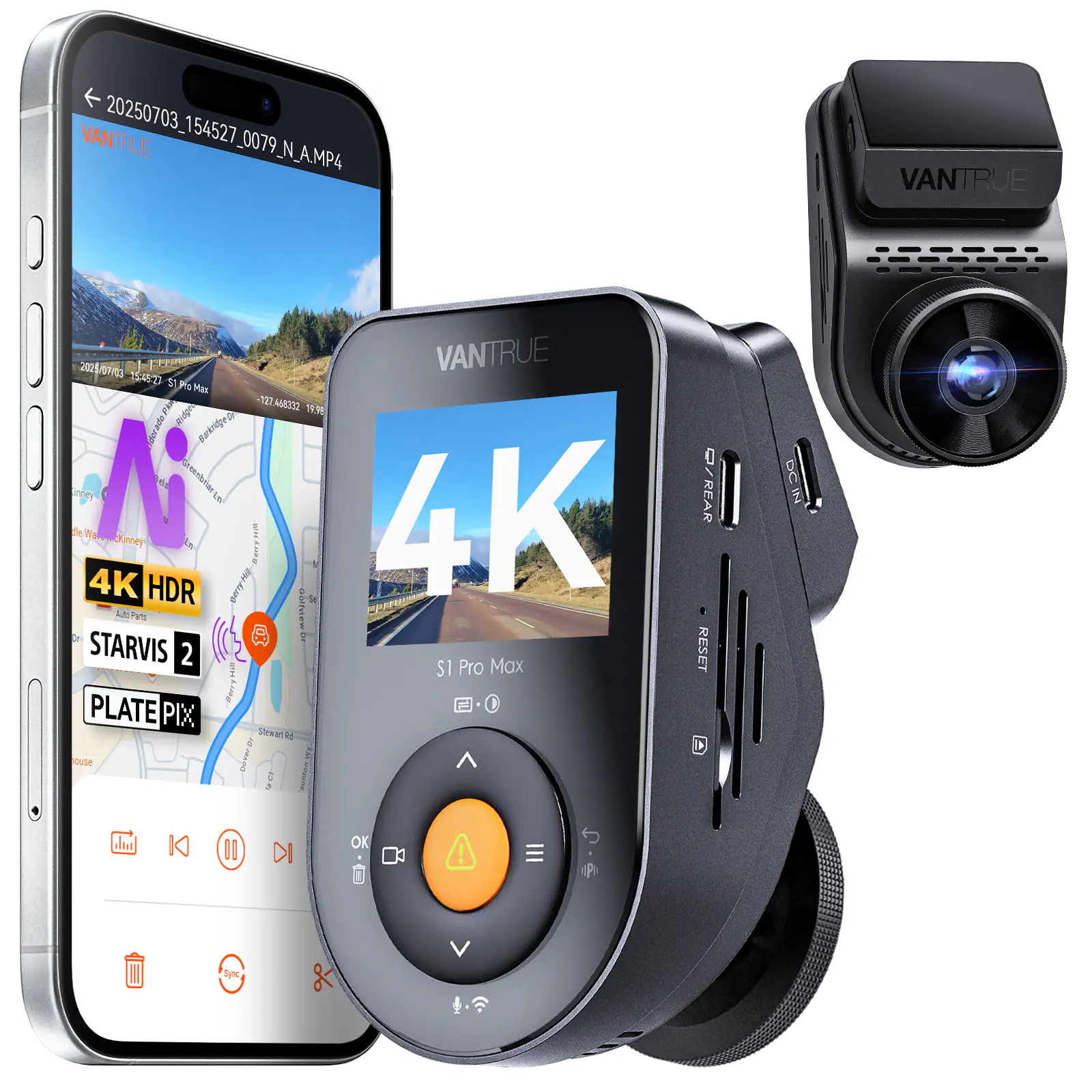 Vantrue - S1 Pro Max 4K AI Dash Cam Front, ADAS & BSD, STARVIS 2, PlatePix Night Vision, Parking Mode, Easy Installation - Black