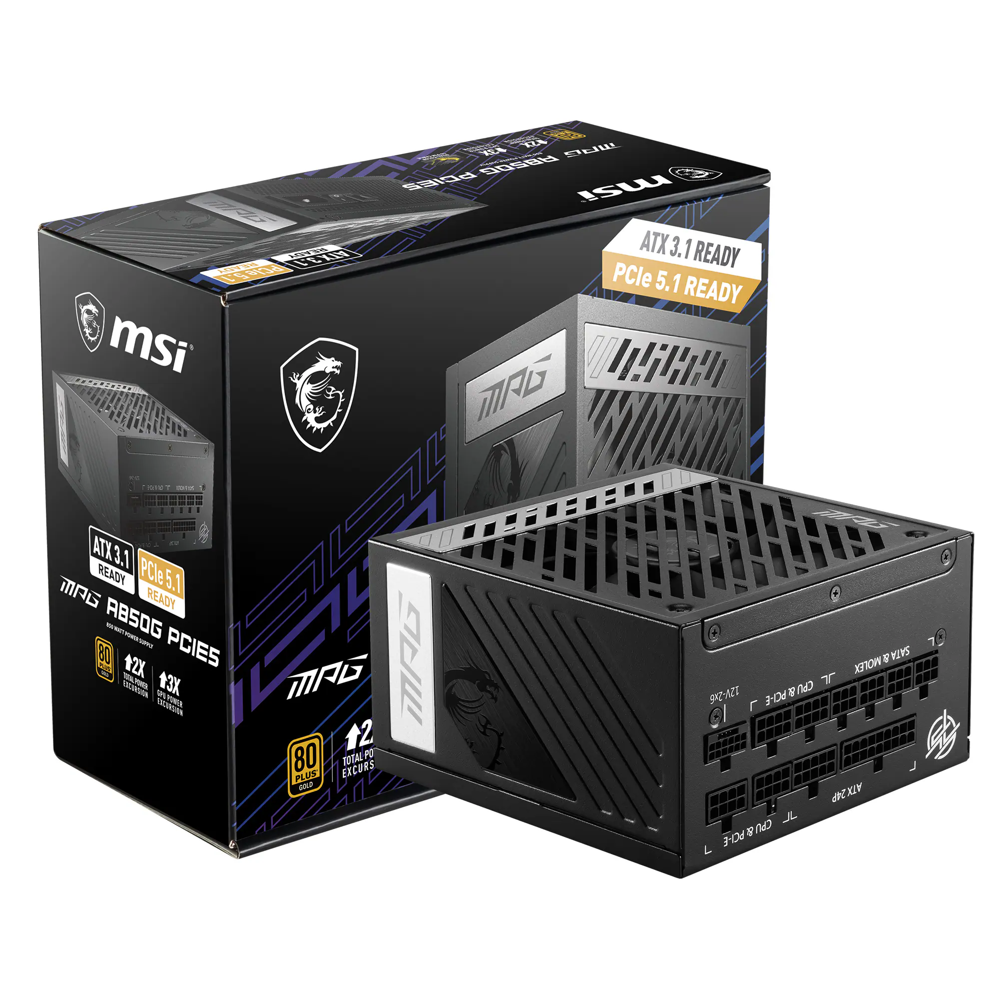 MSI - MPG A850G PCIE 5 - Full Modular – 80 Plus Gold 850W - 100% Japanese 105°C Capacitors – ATX 3.1 Gaming Power Supply - Black