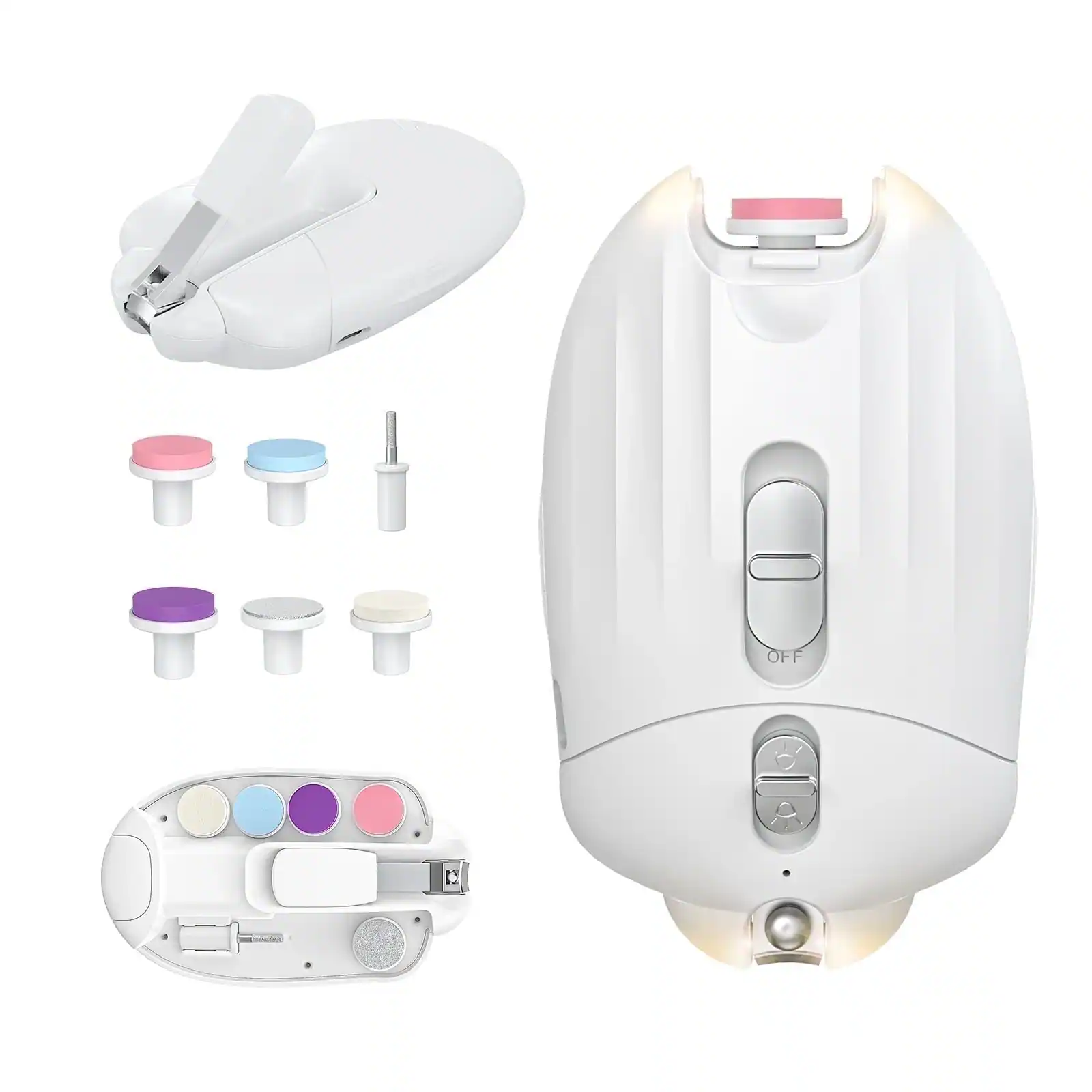 FEBFOXS - Rechargeable Electric Baby Nail Trimmer with LED Light and 6 Grinding Heads - White