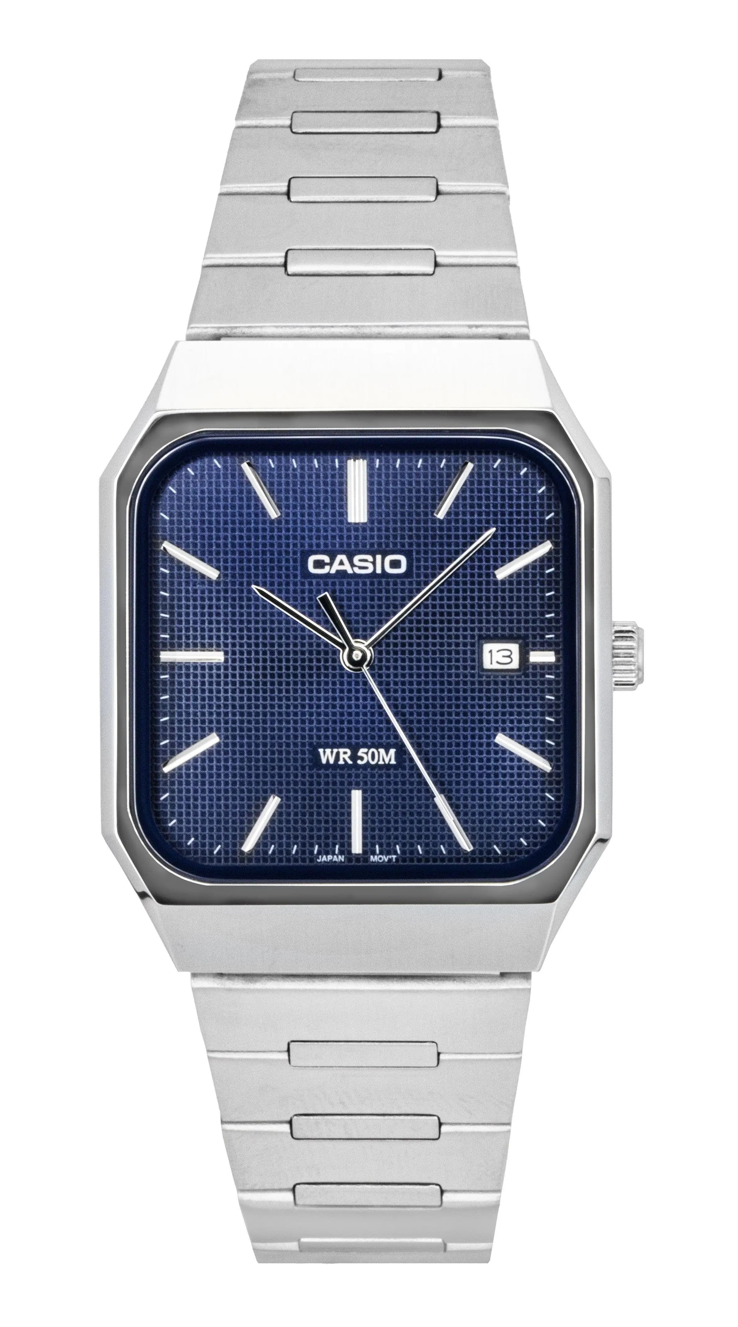 Casio - Analog Quartz MTP-B185D-2A1V Mens Watch Stainless Steel Rectangle Blue Dial 50M - Silver