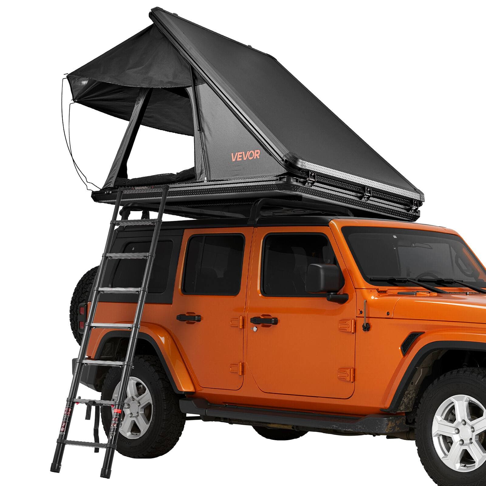 VEVOR - Rooftop Tent Hard Shell, 2-3 Person Aluminum Roof Top Tent Hardshell with Tri-Color LED Light & Thick Mattress - Black