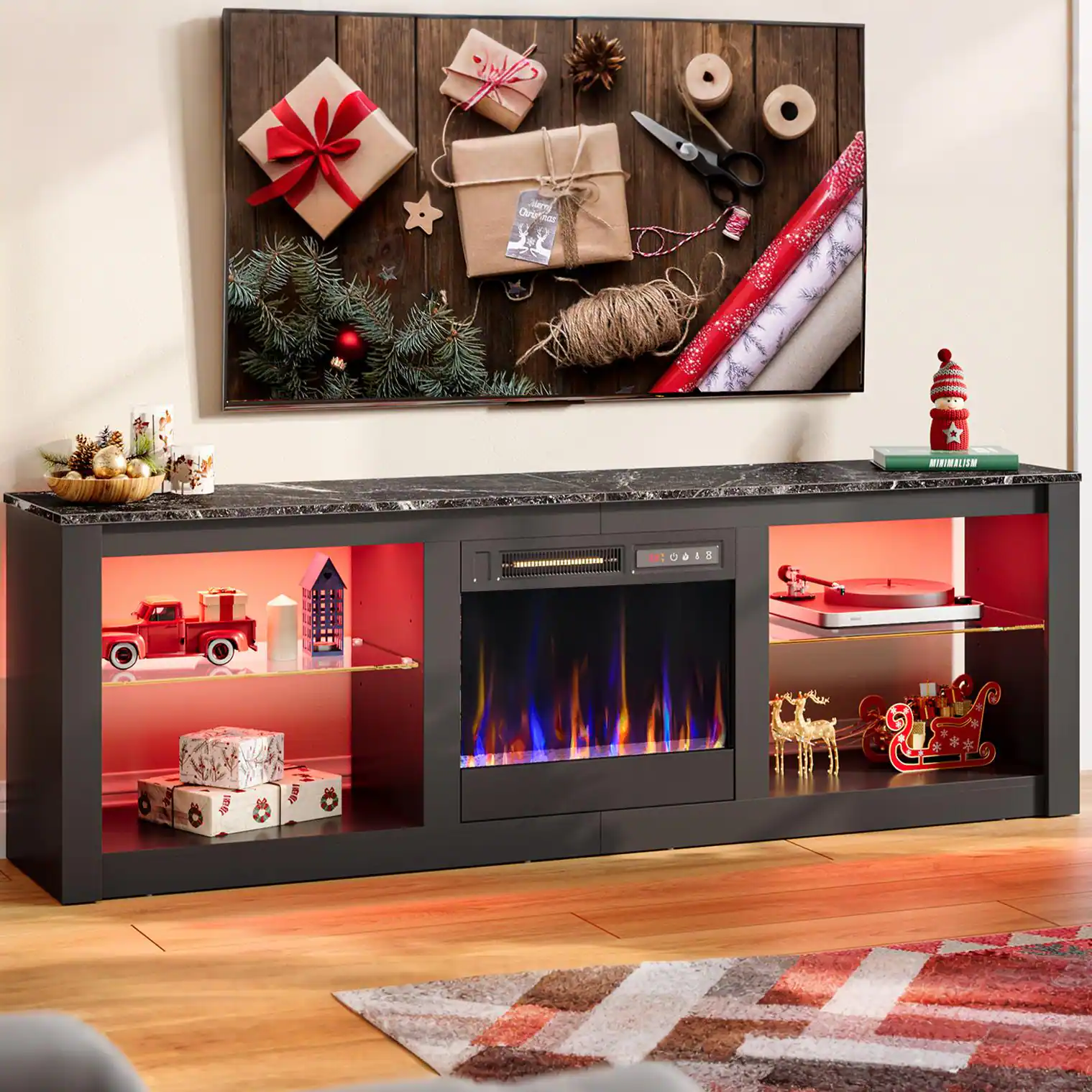 Bestier - 63 Inch Fireplace TV Stand with RGB LED Lights Adjustable Glass Shelves Console Table for TVs up to 75 Inch - Black Marble