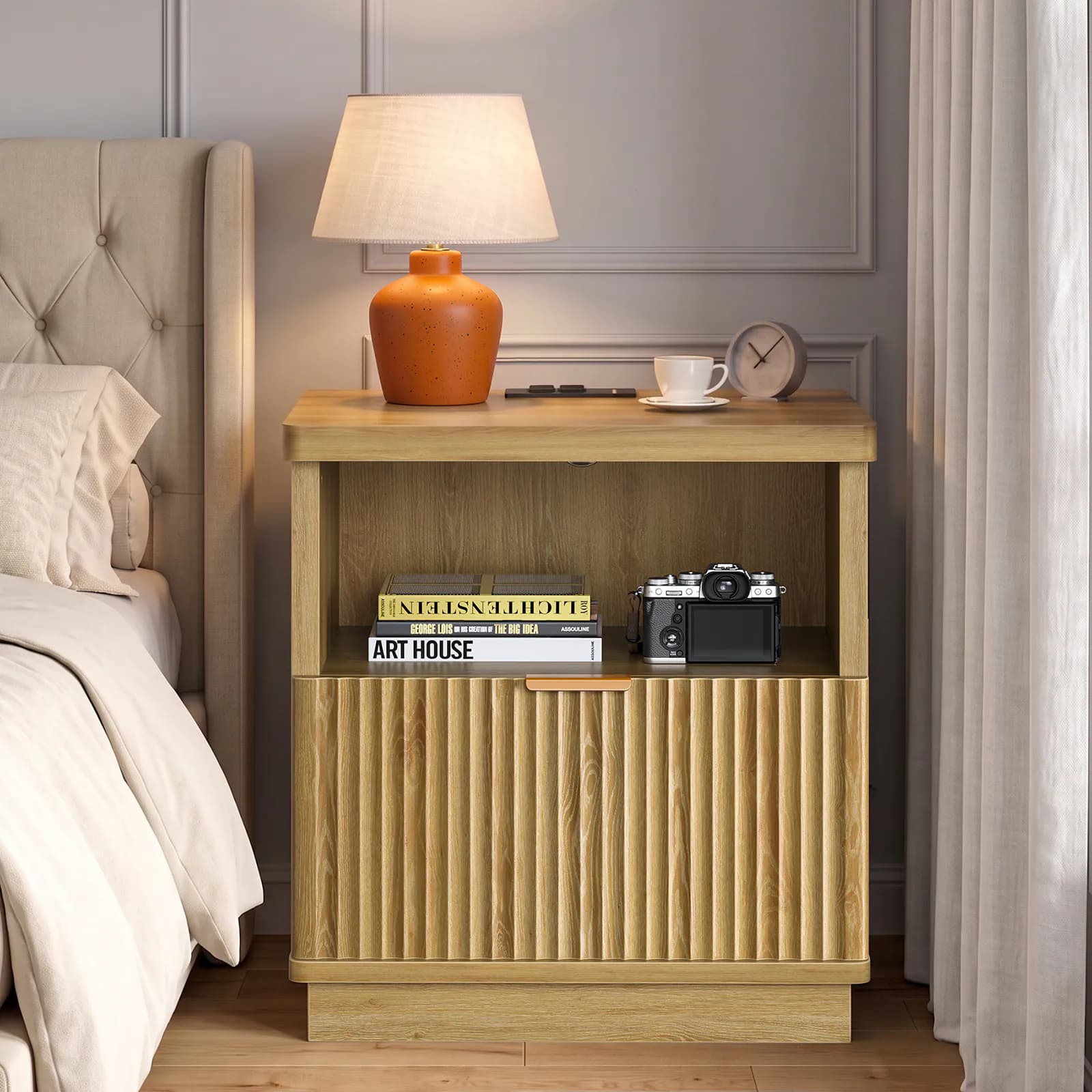 Bestier - Nightstand with Charging Station Modern Wood End Table with Drawer and Open Shelf for Bedroom - Natual Oak