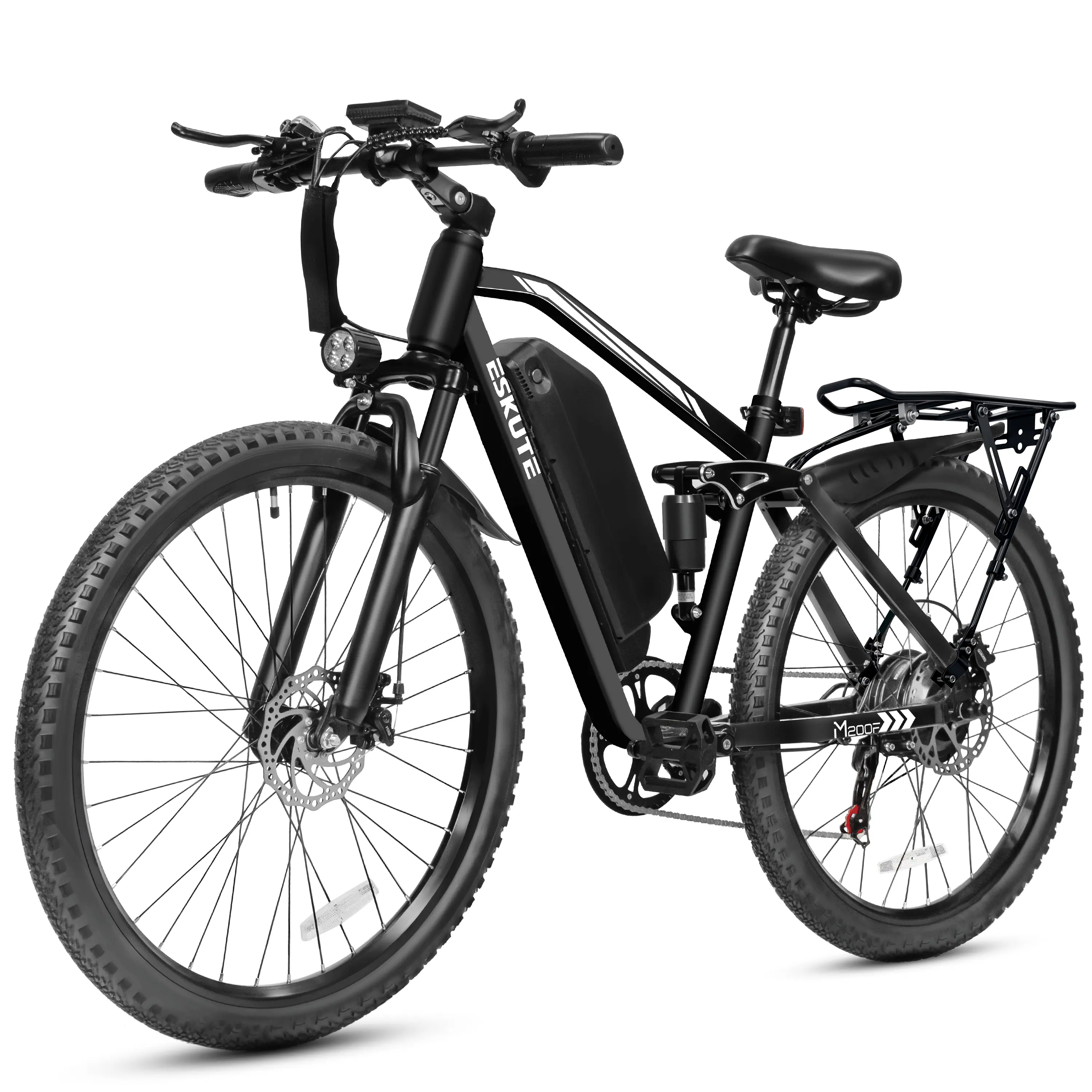 Eskute - 27.5" Electric Mountain Bike, 1500W Peak Motor, 80-Mile Range, Full Suspension, NFC Unlock with Fenders + Rear Rack - Black