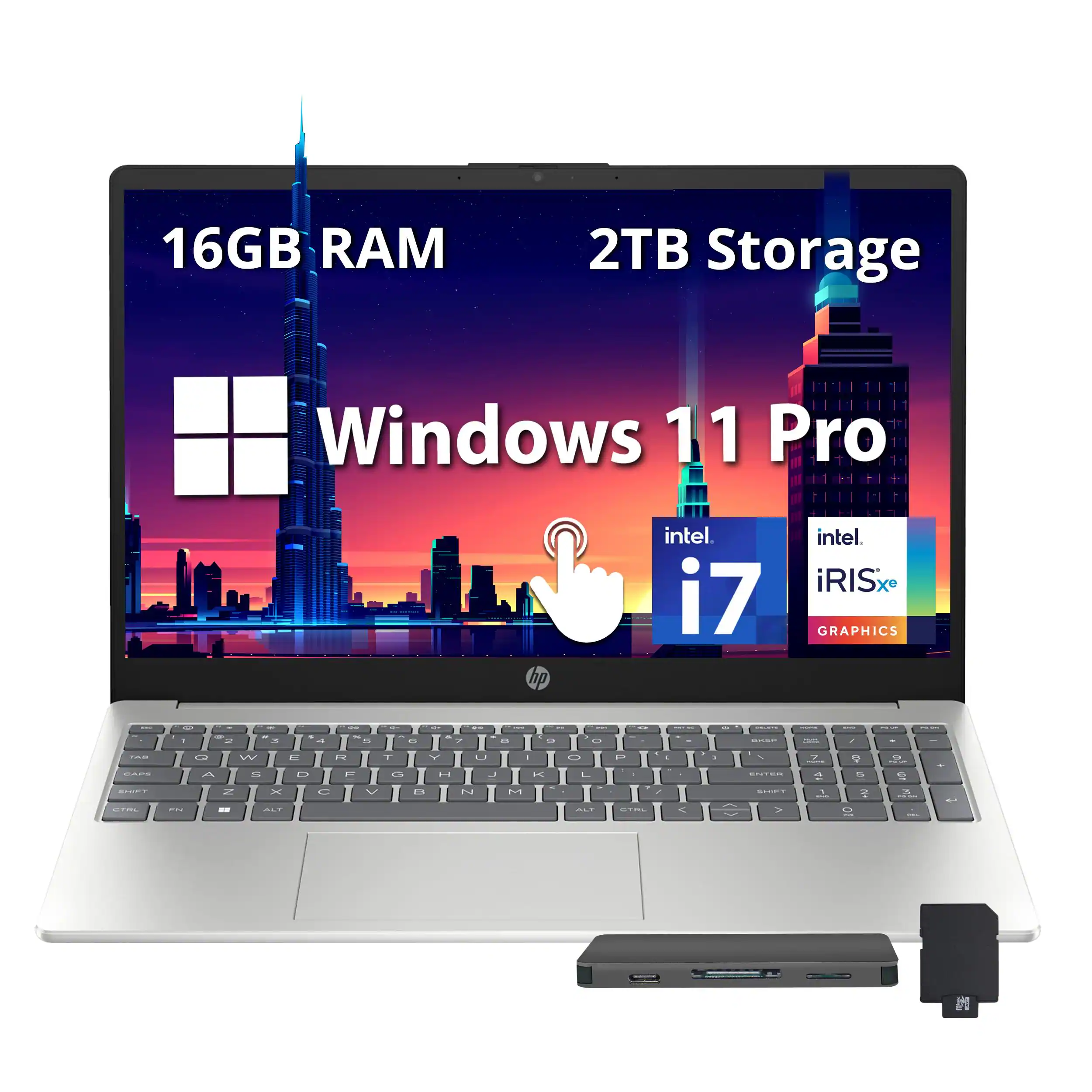 HP - 15.6'' FHD IPS Touchscreen Laptop, Intel i7-1255U,16GB DDR4 RAM,1TB SSD+1TB Docking Station Set,Win 11 Pro - Silver