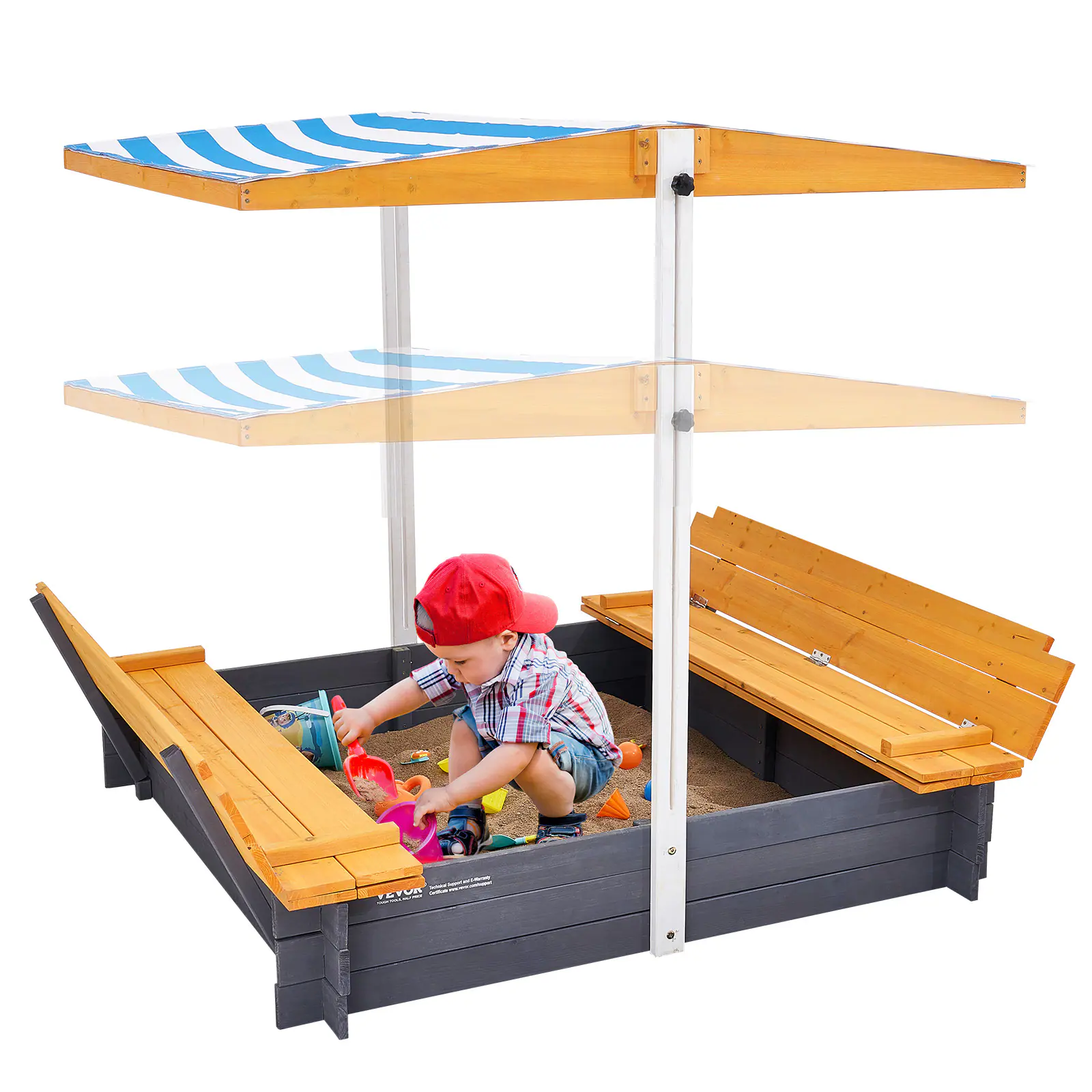 VEVOR - Wooden Sandbox with Canopy, 57.3 x 47.2 x 47.2 in Sand Box, Sand Pit with Foldable Bench Seats and Bottom Liner - Bright orange-red