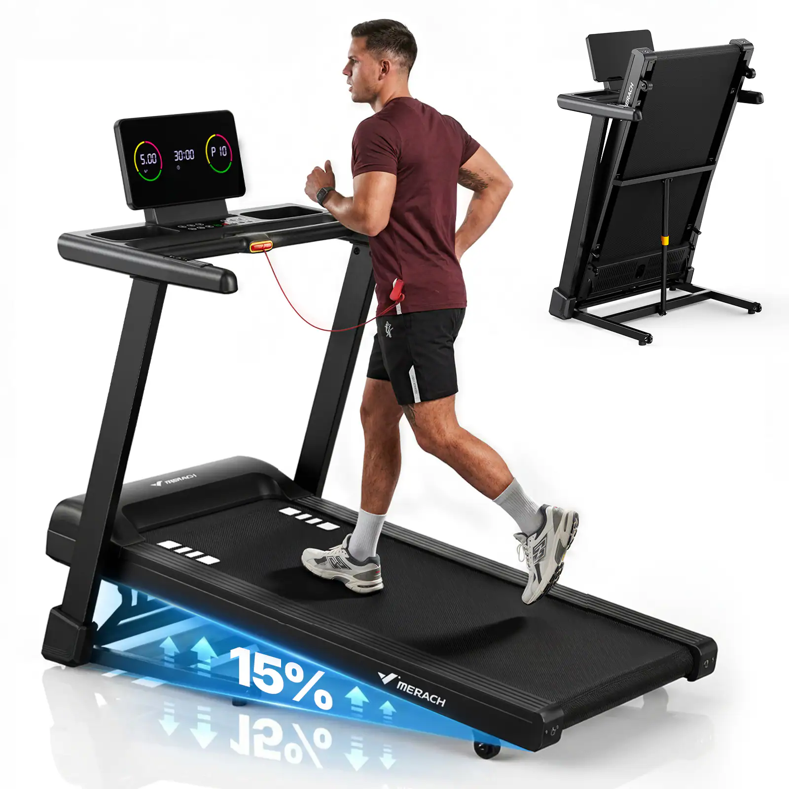 MERACH - Treadmill with 15% Auto Incline, 3.0HP Brushless Motor, 7.5 MPH, 43.5" Belt, Foldable Design & Bluetooth App - Black