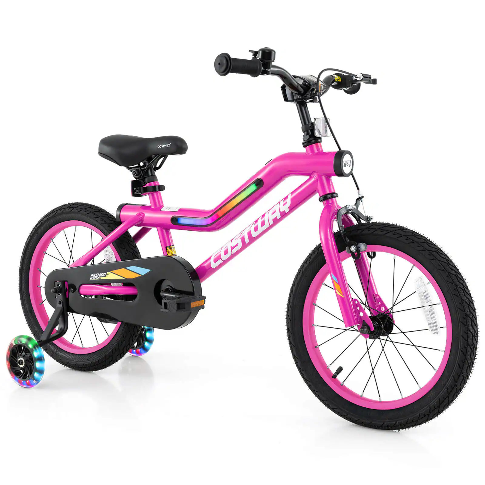 Costway - 16" LED Lighted Kids Bike with Adjustable Seat Coaster Brake Training Wheels Patented - Pink